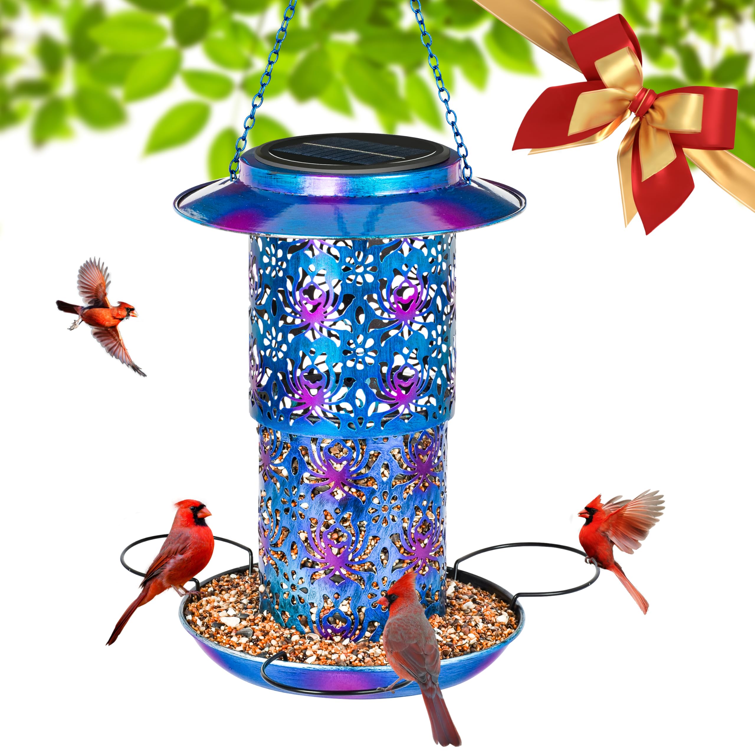 Ottsuls Solar Bird Feeder for Outdoors Hanging, Metal Wild Cardinals Garden Lantern Weatherproof, Decro Solar Birdfeeders as Gif