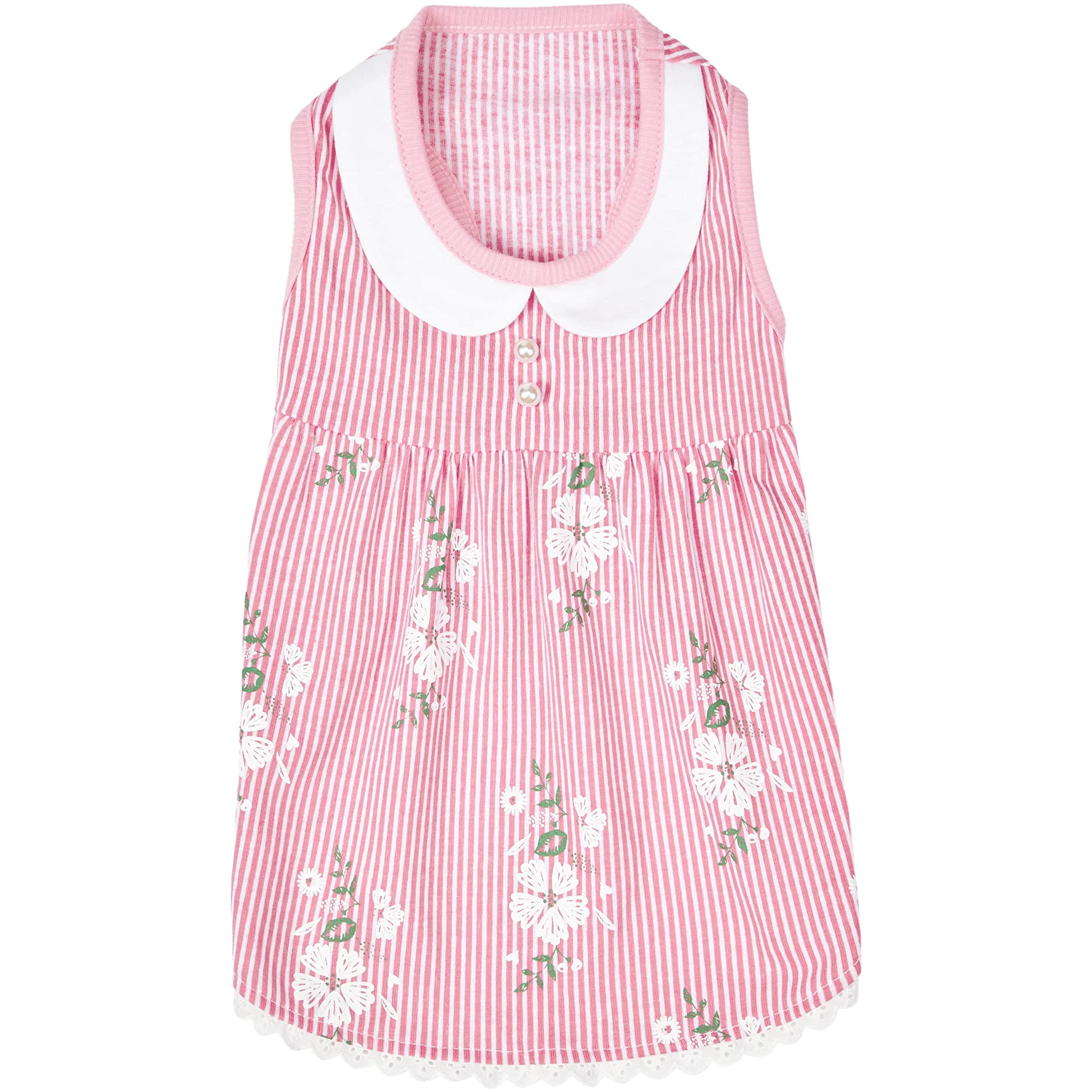 Blueberry Pet Wonderland Floral Sleeveless Dog Dress in Pink Stripe with Peter Pan Collar, Back Length 10, Pack of 1 Clothes for