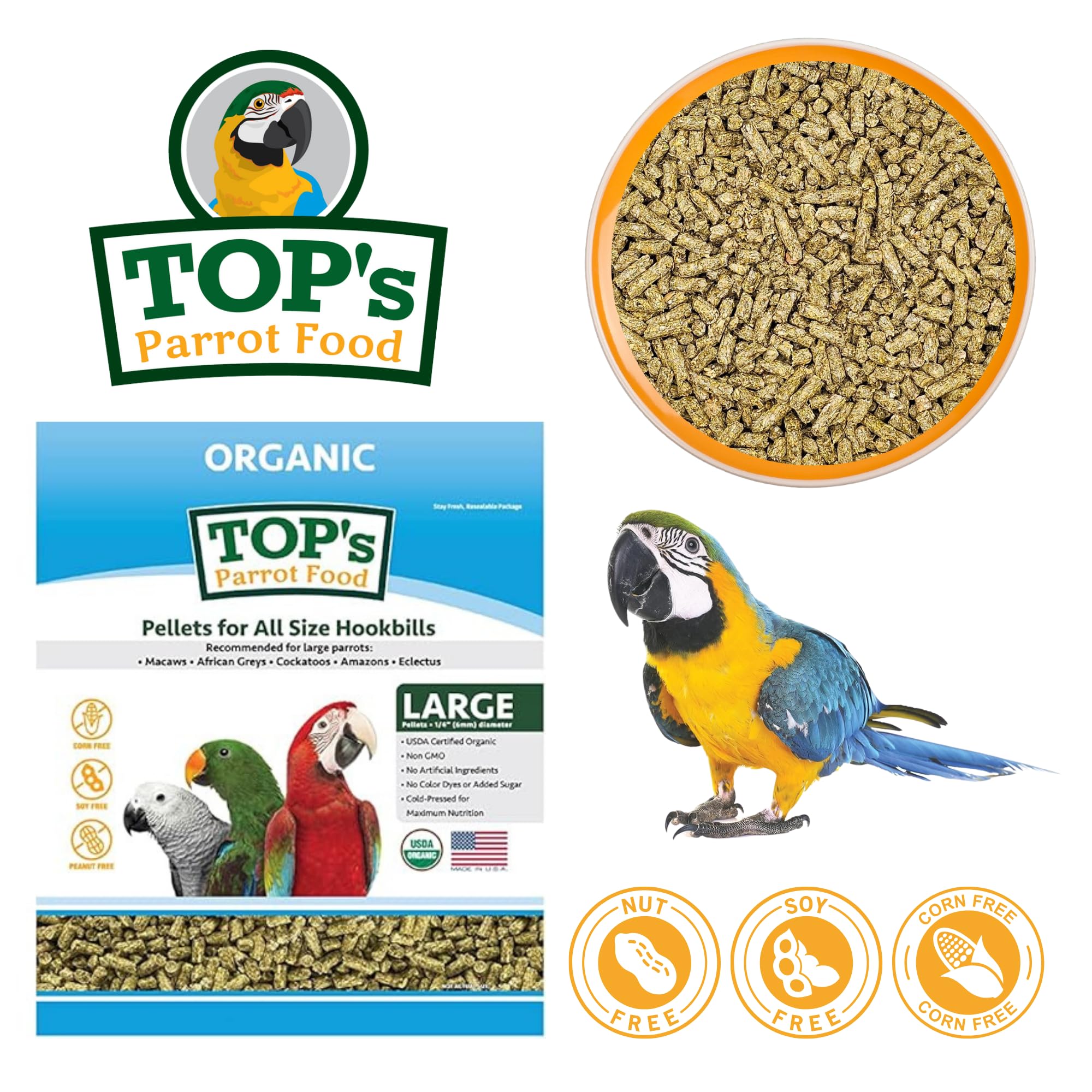TOPs Parrot Food Pellets Hookbills, Small, Medium and Large Parrots - Non-GMO, Peanut Soy & Corn Free, USDA Organic Certified -