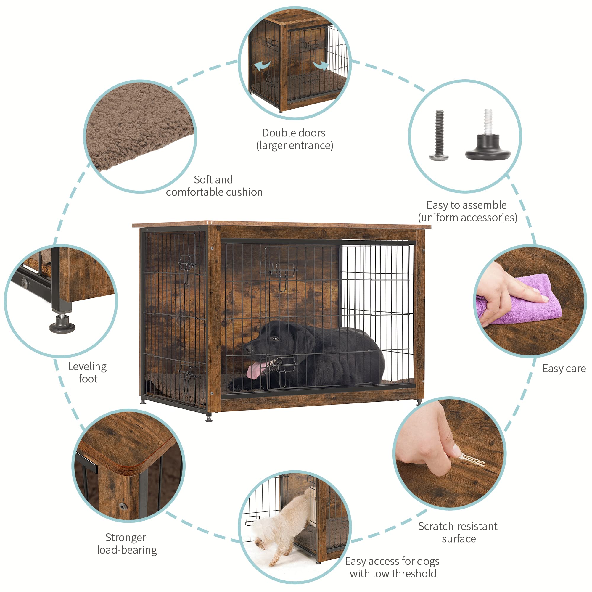 Dwanton Dog Crate Furniture With Cushion, Wooden Dog Crate Table, Double Doors Dog Furniture, Indoor Dog Kennel, Dog House, Dog Cage Large, 38.5' L, Rustic Brown
