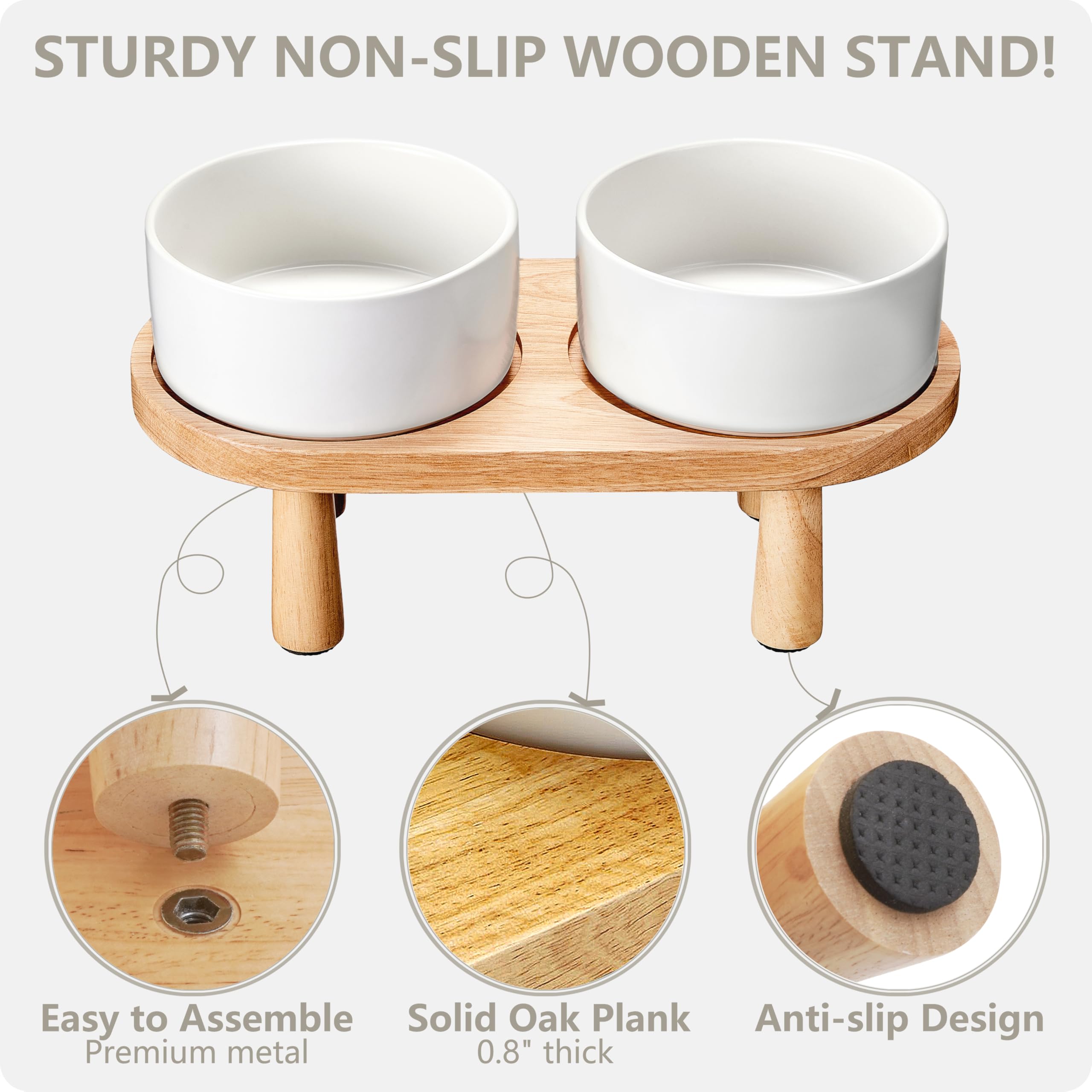 MOPANG Ceramic Elevated Dog Bowls Set - 8" Large Pet Food & Water Bowls with Wood Stand, 7.5 Cups, White, Model: Futternapf- und Wass