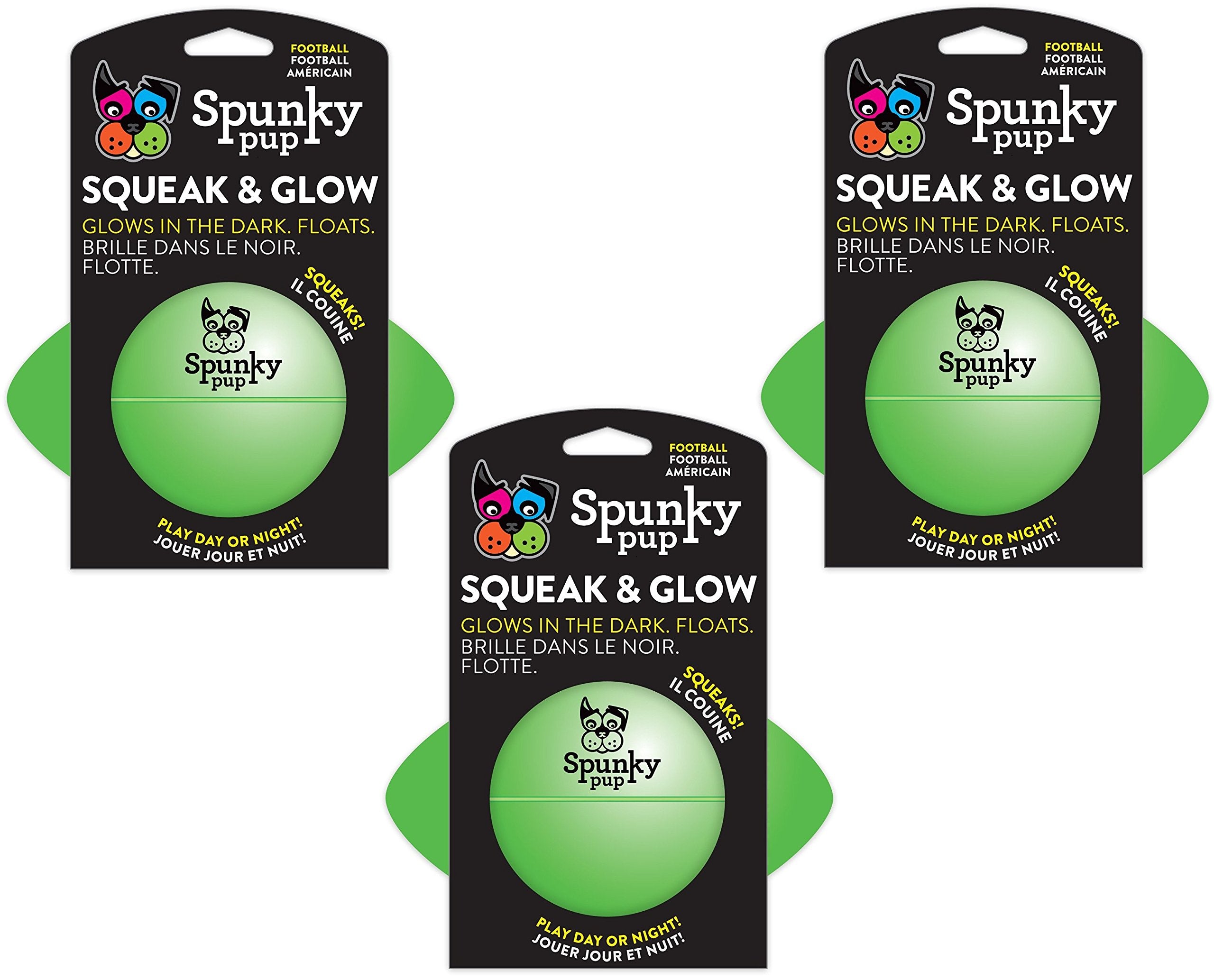 (3 Pack) Spunky Pup Squeak And Glow Football Dog Toys