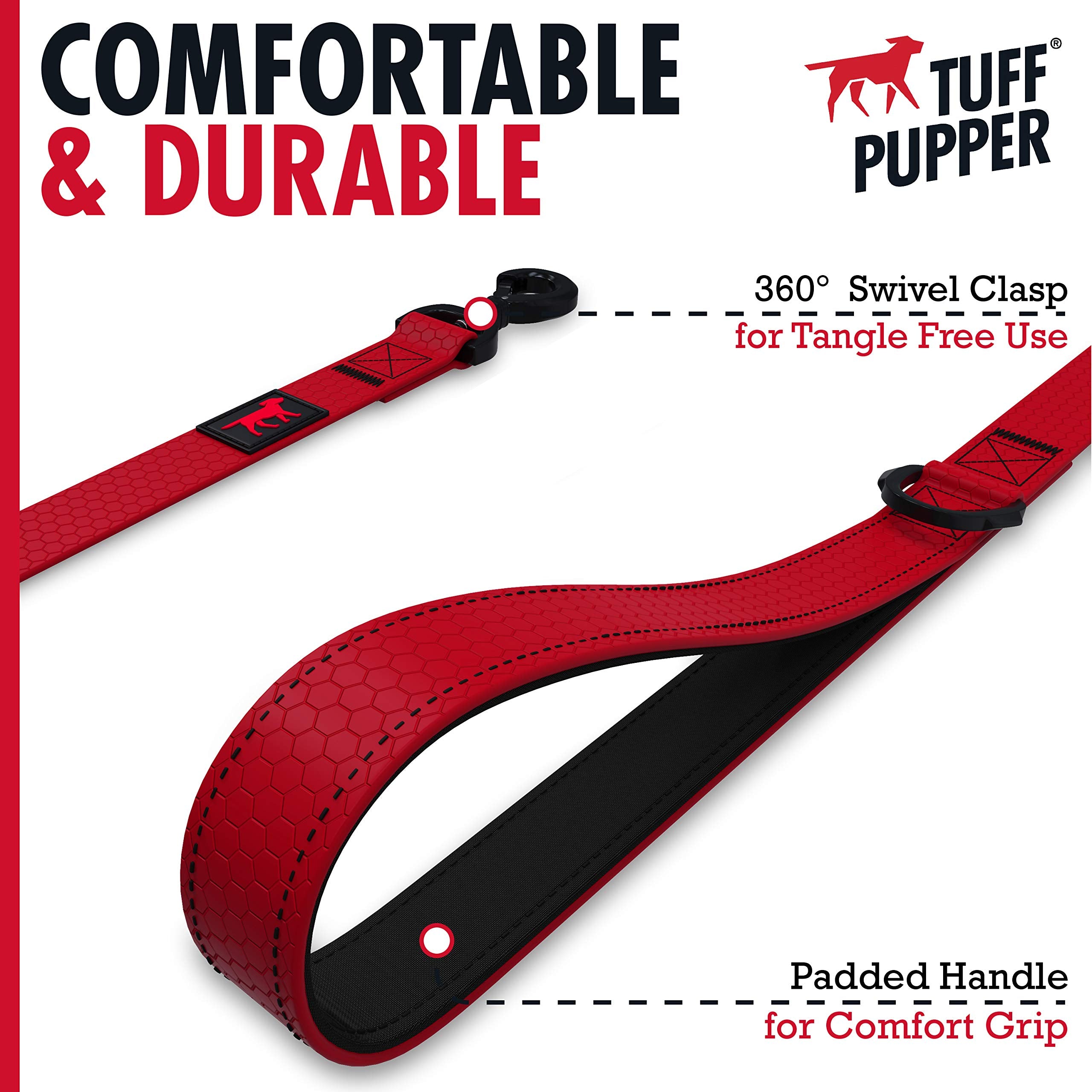 Tuff Pupper Heavy Duty Waterproof Dog Leash - 6ft Crimson Red, PVC-Coated Webbing, Rust-Proof, Odor Free