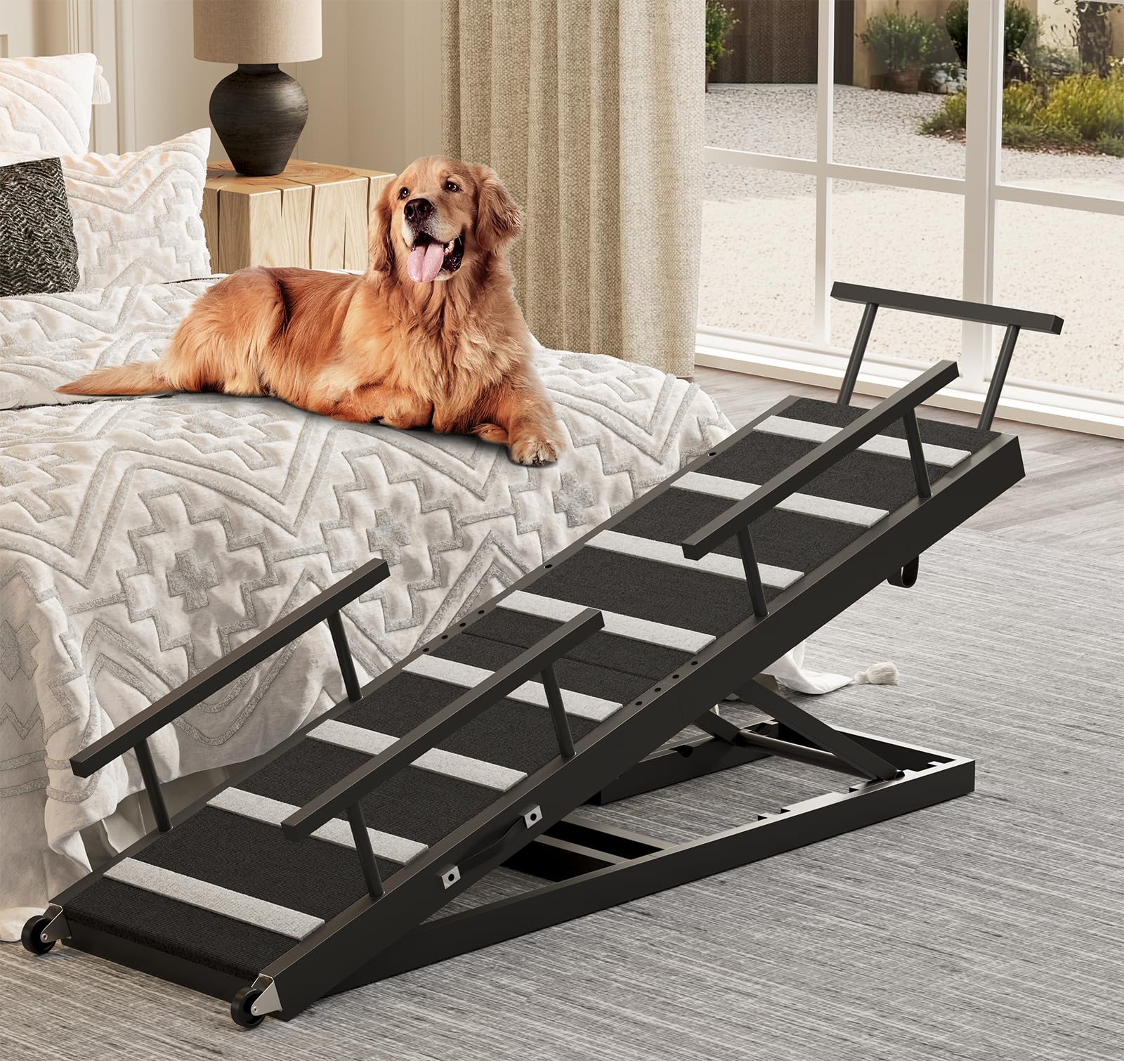Dog Ramp For Bed, 63'' Pet Ramp For Adjustable Hight, Dog Ramps For Large Dogs With Anti-Slip Carpet And Safety Rails, Dog Car R