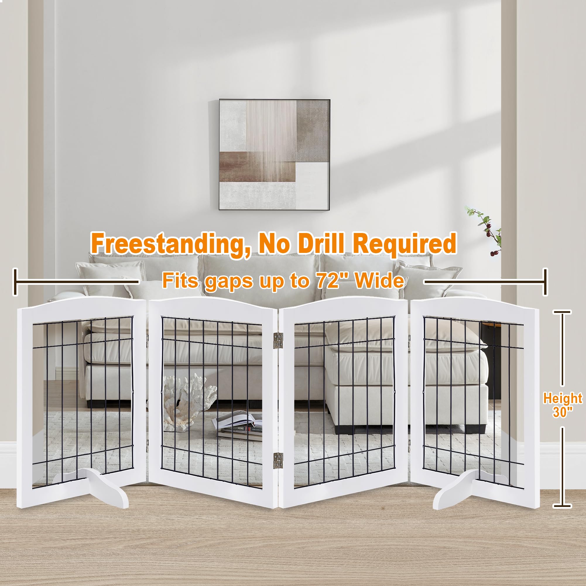 LZRS Wooden Dog Gate - 30" Tall Foldable Pet Barrier, Extra Wide 4 Panels, Chew-Resistant, White