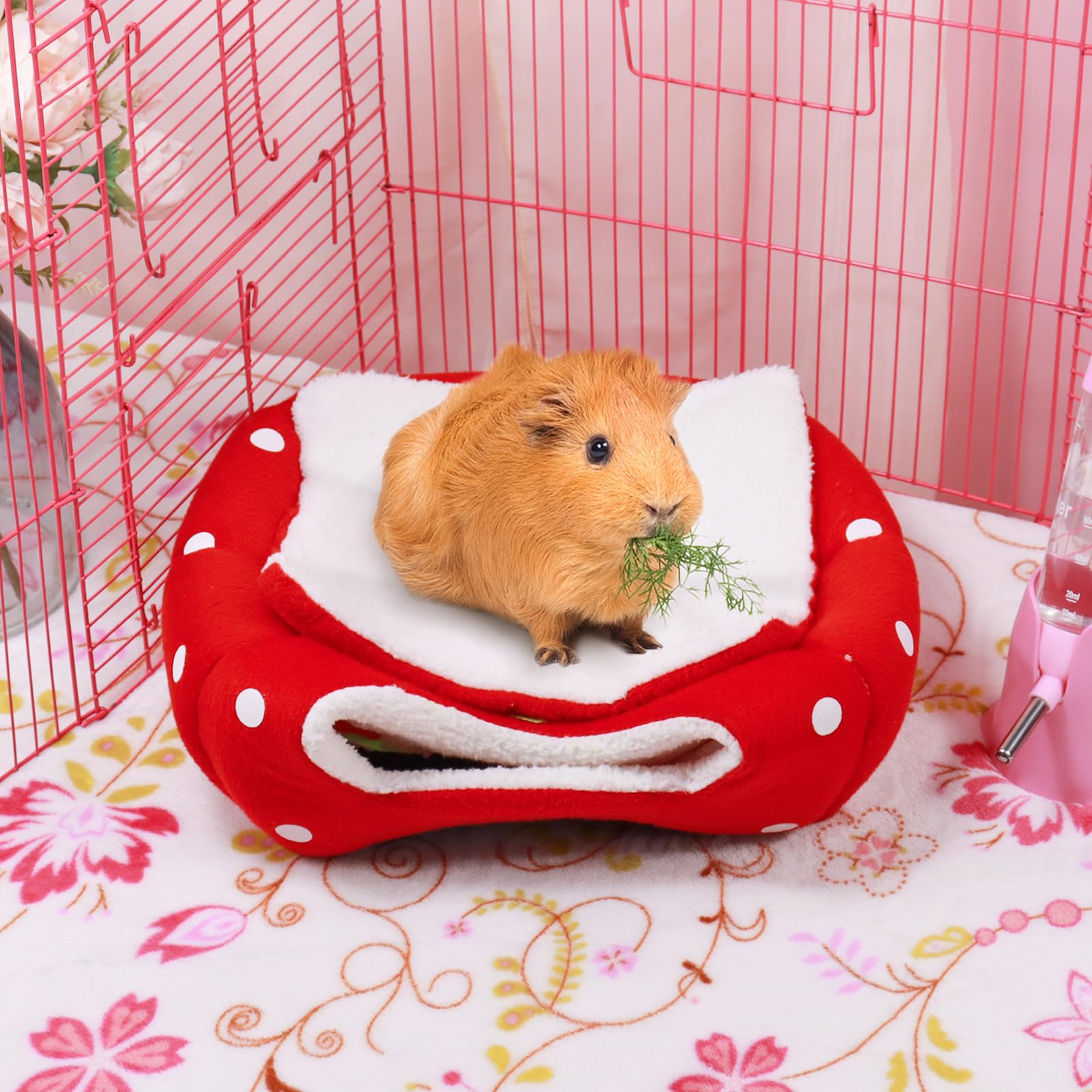 Mygeromon Guinea Pig Bed Rabbit Hideout Warm Fleece Cuddle Cup Washable Winter Sleeping House For Small Pet/Ferret/Chinchilla/Bunny (Strawberry Style)