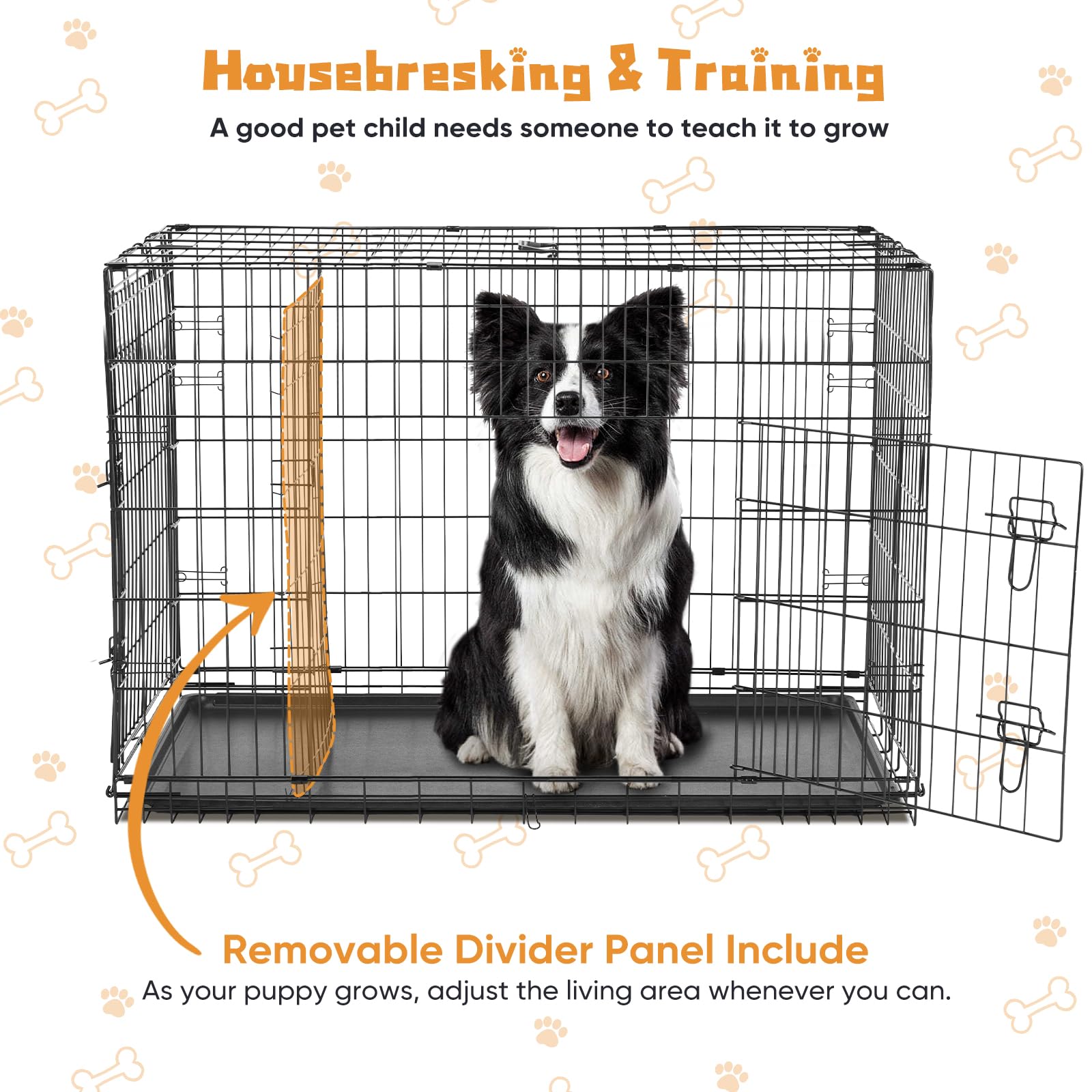 Dumos Dog Crate, 42 Inch Large Double Door Dog Cage With Divider Panel And Plastic Leak-Proof Pan Tray, Folding Metal Wire Pet K