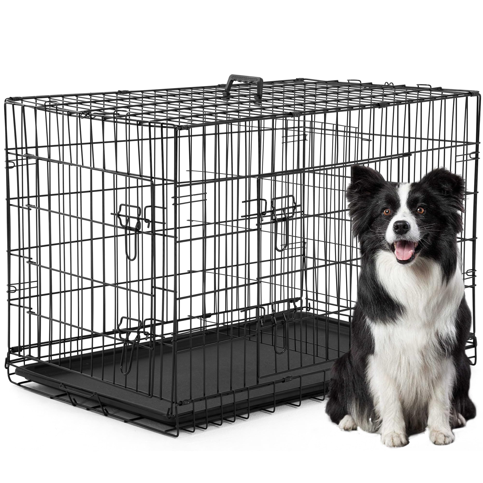 FDW XL Dog Crate Dog Kennel Cage with Double Door,42 inch Folding Metal Wire Dog Cage with Removable Tray&Divider Panel,Pet Crat