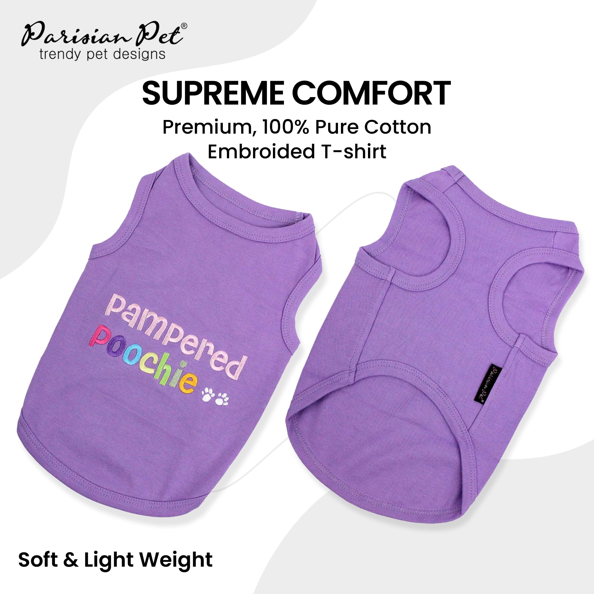 Parisian Pet Dog T-Shirt - Embroidered Pampered Poochie Dog Clothes - 100% Cotton, Breathable Tank Top - Sleeveless Pet Vest - M