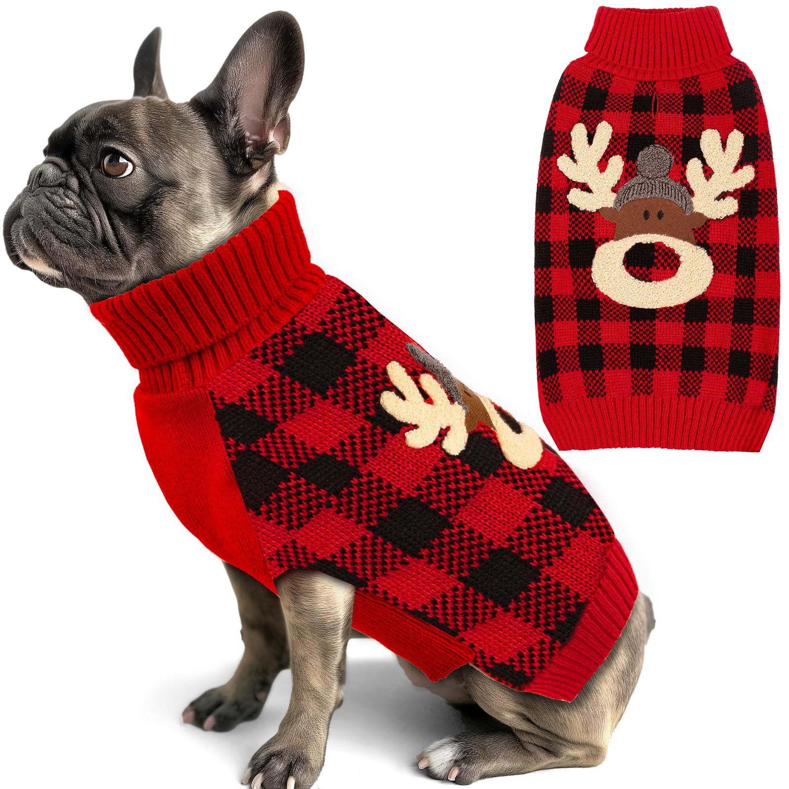 Kyeese Christmas Dogs Sweaters Reindeer Small Dog Sweaters Red Buffalo Check With Leash Hole Pet Sweater Pet Clothes,M