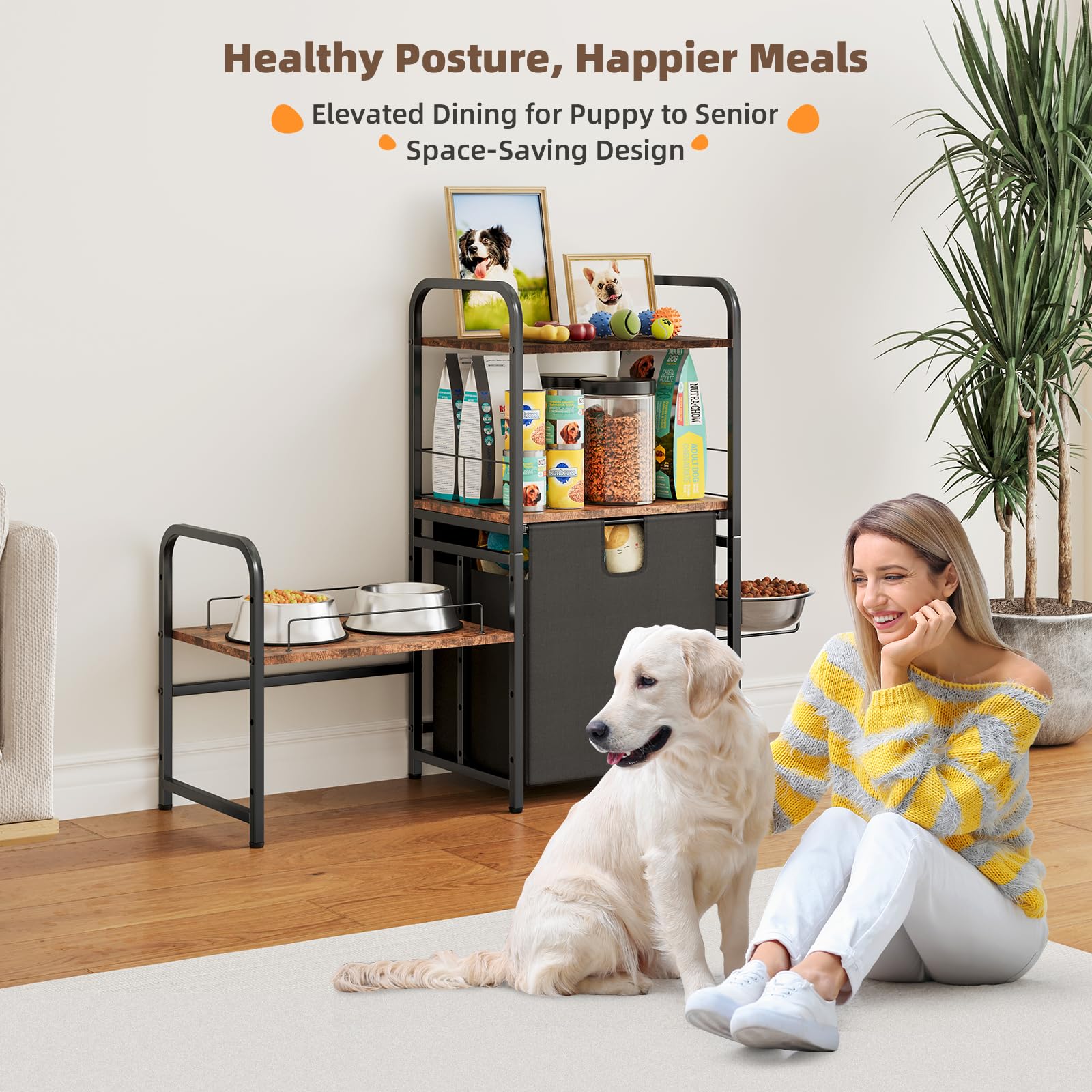 Dog Feeding Station With Single Bowl And Storage Basket, Litail Elevated Dog Bowls For 3 Bowls, 4 Height Adjustable Raised Bowl