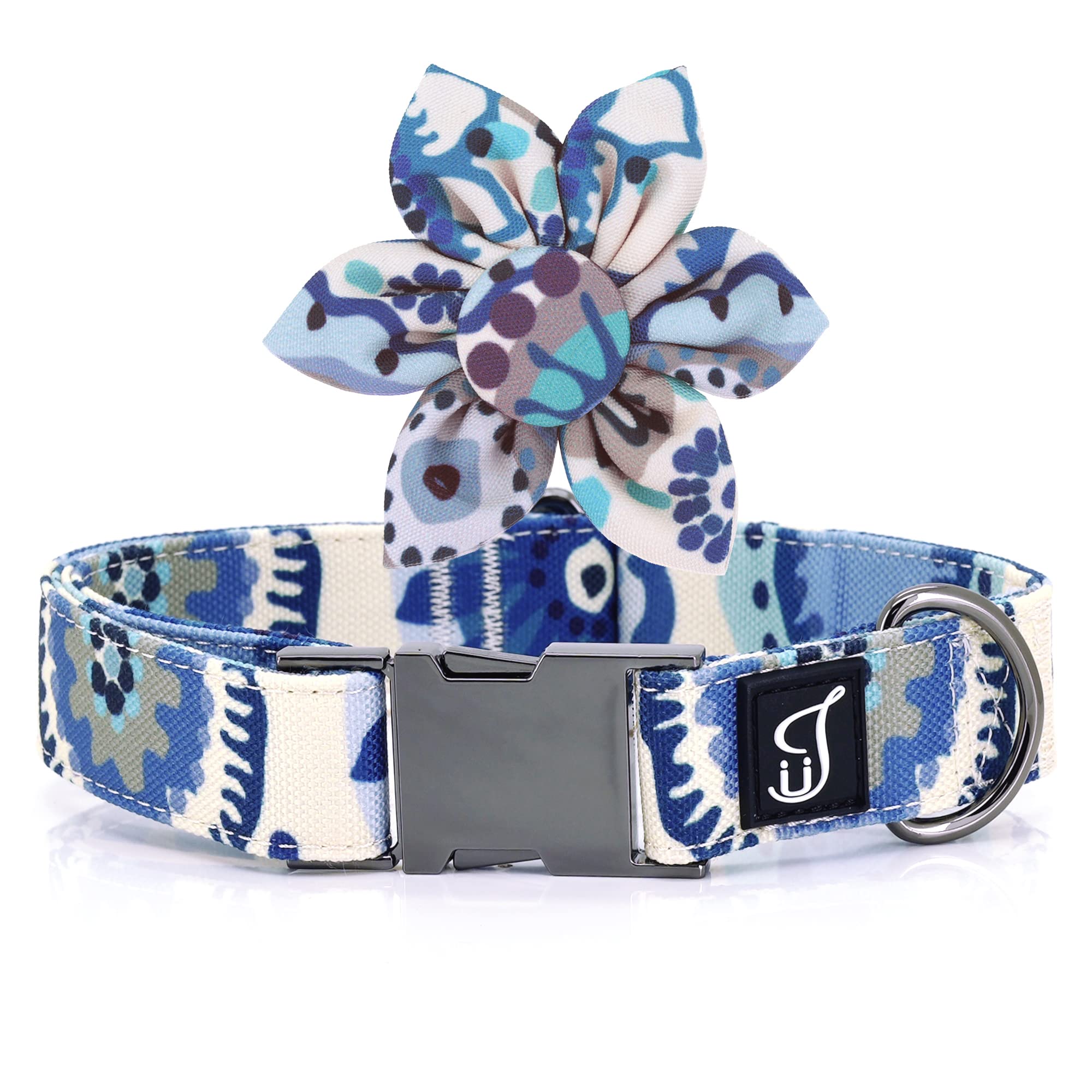 Ultra Joys Girl Dog Collars With Flower - Female Dog Collars With Comfortable Cotton Fabric & Metal Buckle In Blue Daisy Design