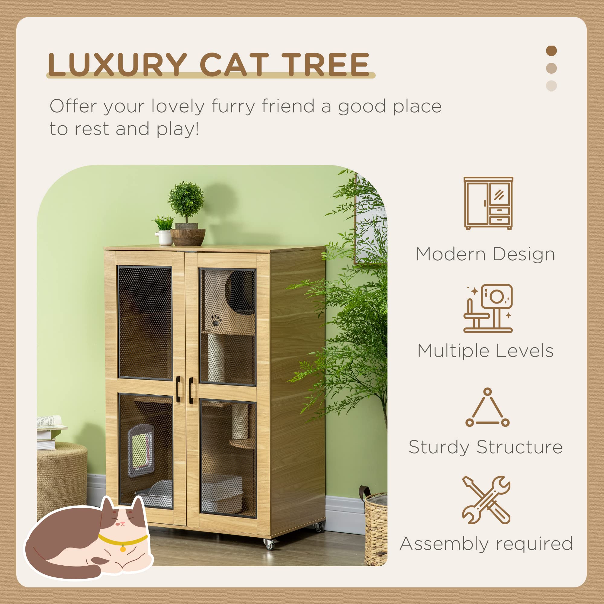 Pawhut Luxury Cat House With Wheels, Kitty Cage Catio Villa For Indoor Cats With Scratching Posts, Condo, Flap Door, Cushion, Oa
