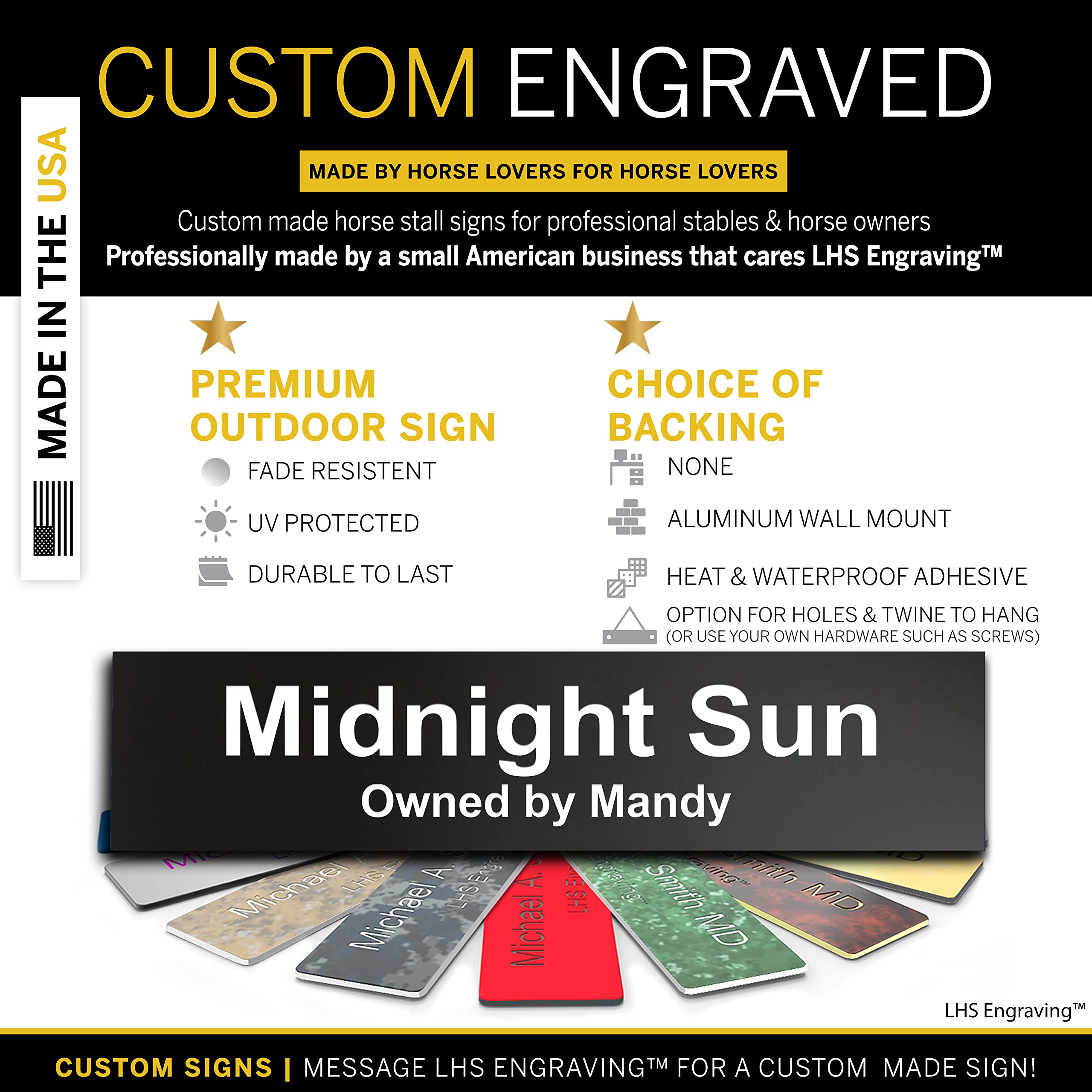 Lhs | Personalized Horse Stall Name Plates, 2X8 Horse Stall Signs With Adhesive, All Weather Uv Protected, Black Plastic White L