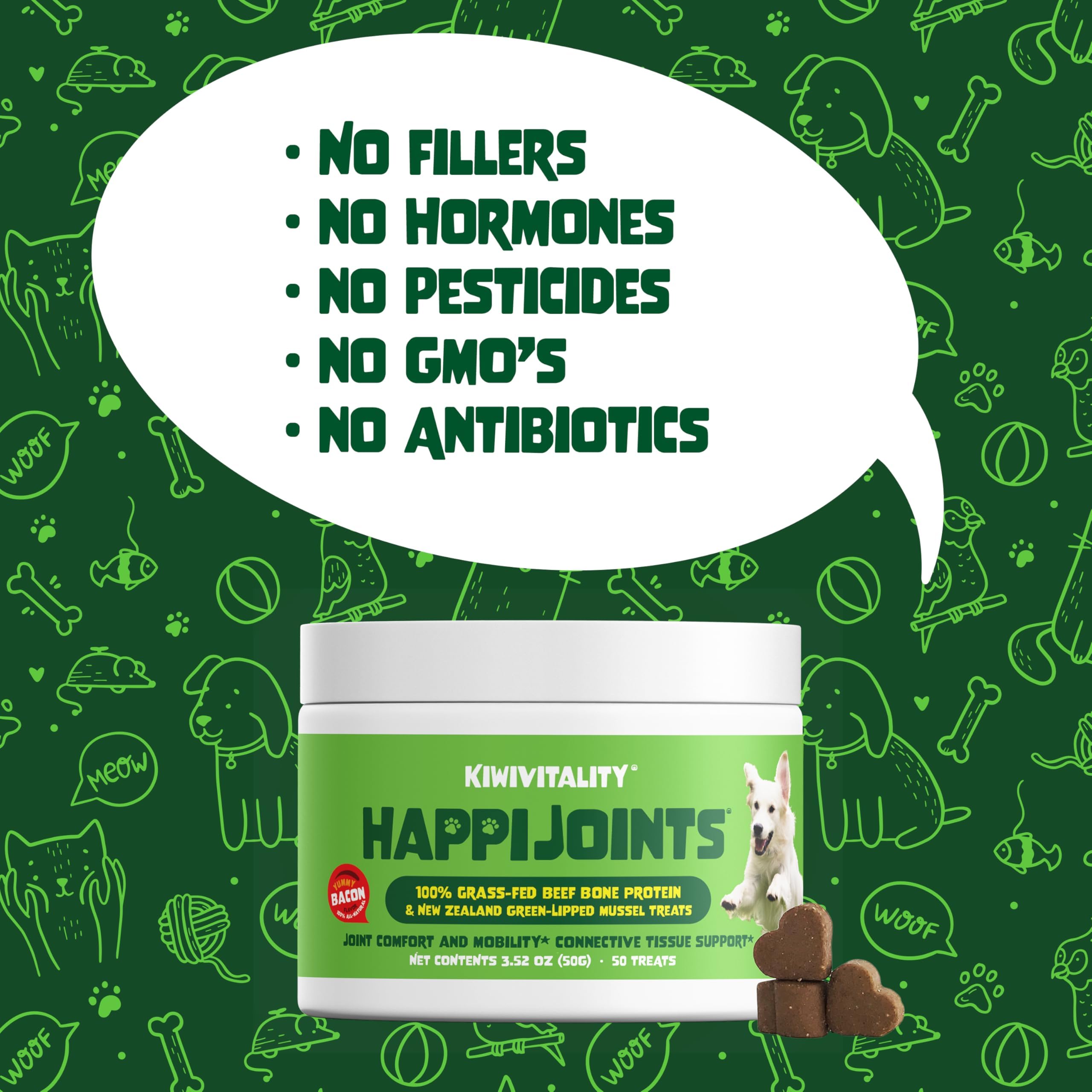 HappiJoints Hip and Joint Supplement Treats for Dogs, Cats  100% Grass-Fed Beef Bone Collagen New Zealand Green-Lipped Mussels