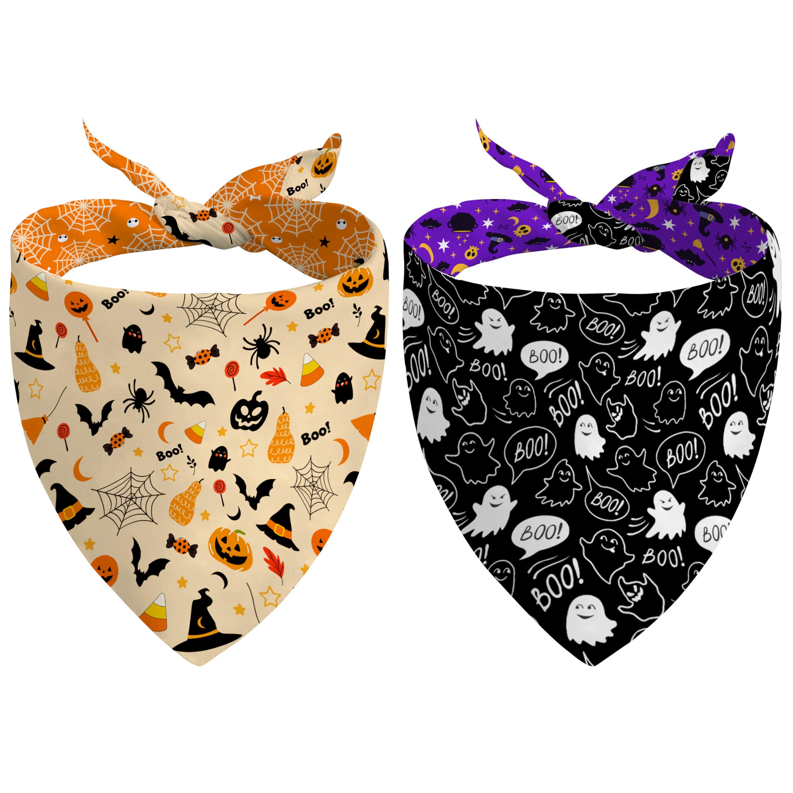 Fall Halloween Dog Bandanas Reversible 2 Pack Small, Orange Black Spider Web Ghost Witch Hat Cute Halloween Pet Bandanas For Dog