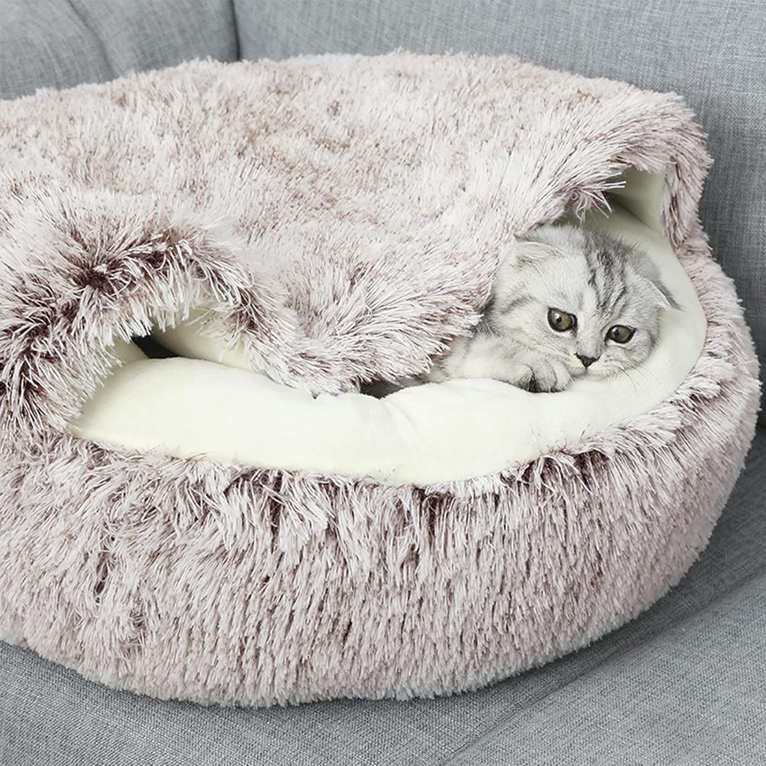 Shinhye Cat Bed Round Plush Fluffy Hooded Cat Bed Cave, Cozy For Indoor Cats Or Small Dog Beds, Soothing Pet Beds Doughnut Calm