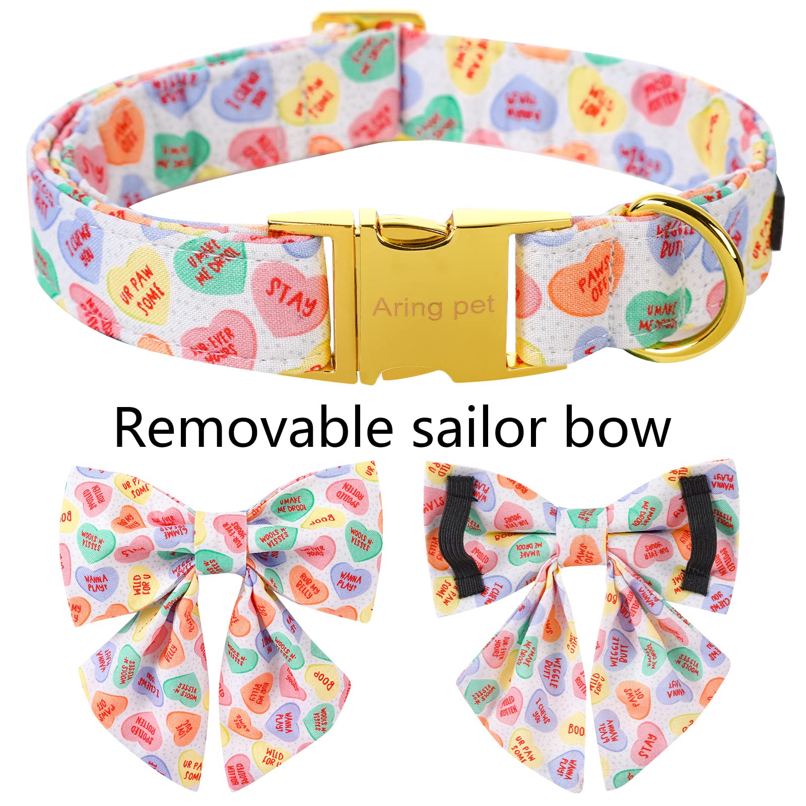 ARING PET Valentine's Day Dog Collar With Cute Heart and Sailor Bowtie - Adjustable Cotton Girl Collar With Metal Buckle