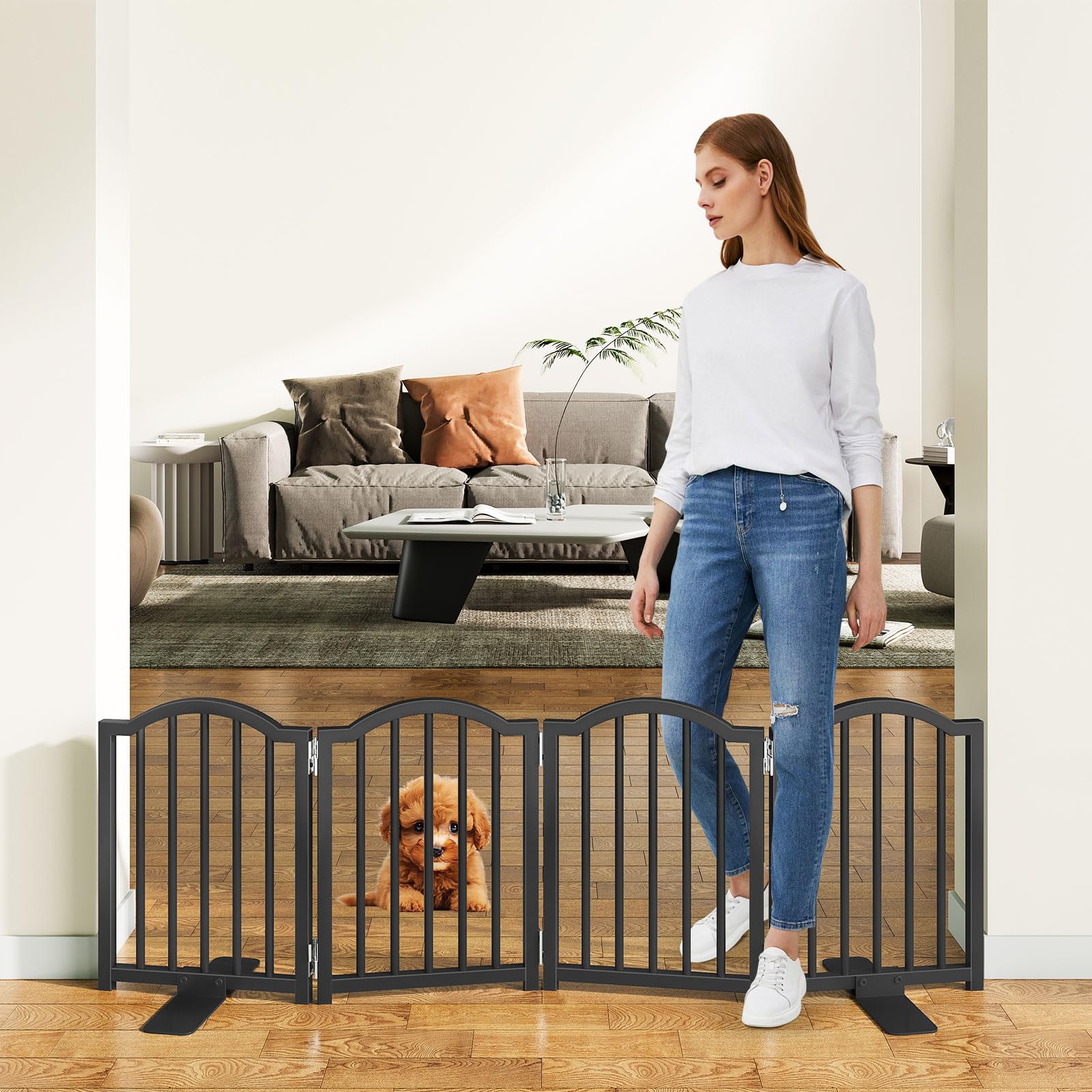 Snughome Short Dog Gate Indoor, 16 High Freestanding Small Dog Door Gate with Support Feet, Expands Up to 48 Wide Foldable Pet G