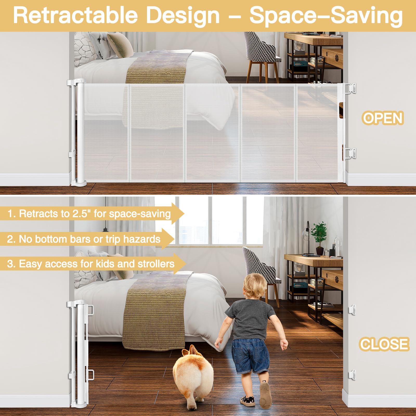 Reinforced 28 Inch Tall Retractable Baby Gates for Dogs, Easy Step Over Pet Gate with Support Rods, 55'' Wide Retractable Dog Ga