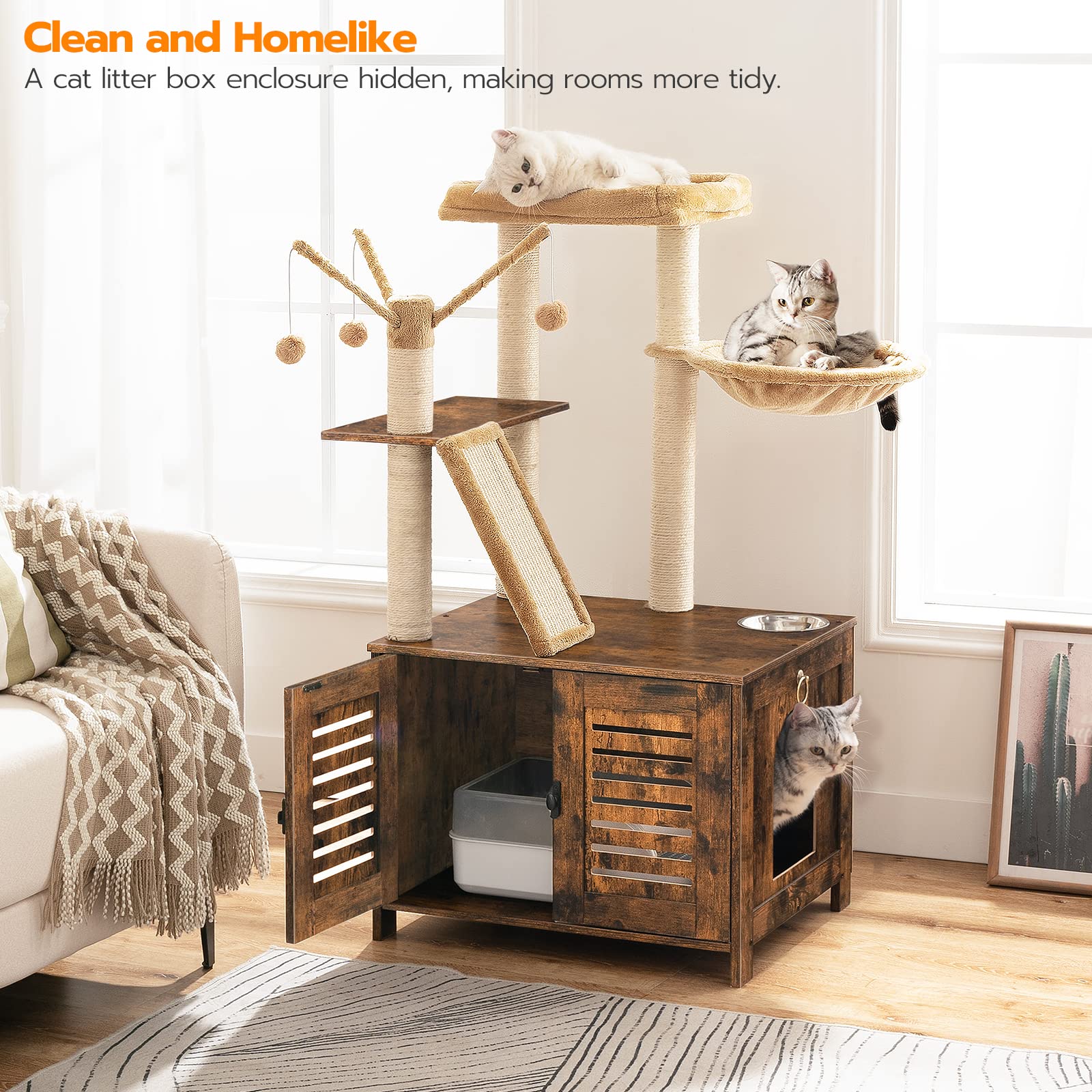 HOOBRO Cat Tree with Litter Box Enclosure, 44 Tall Wooden Cat Tower with Scratching Posts, Cat Hammock, Hidden Litter Box Furnit