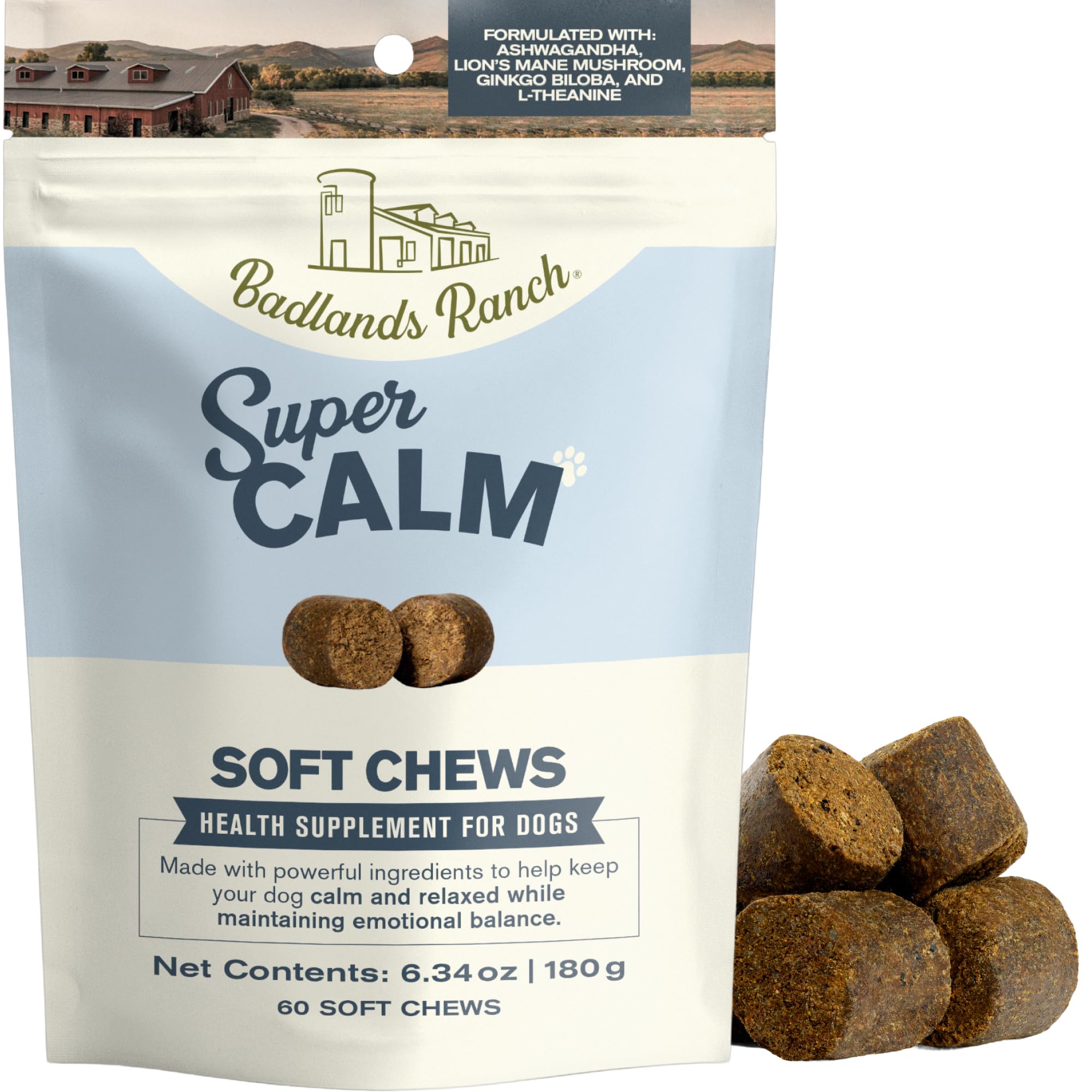 Badlands Ranch Super Calm Soft Chews for Dogs - Superfood Blend with Ashwagandha, Lions Mane Mushroom & L-Theanine - 60 Soft Che