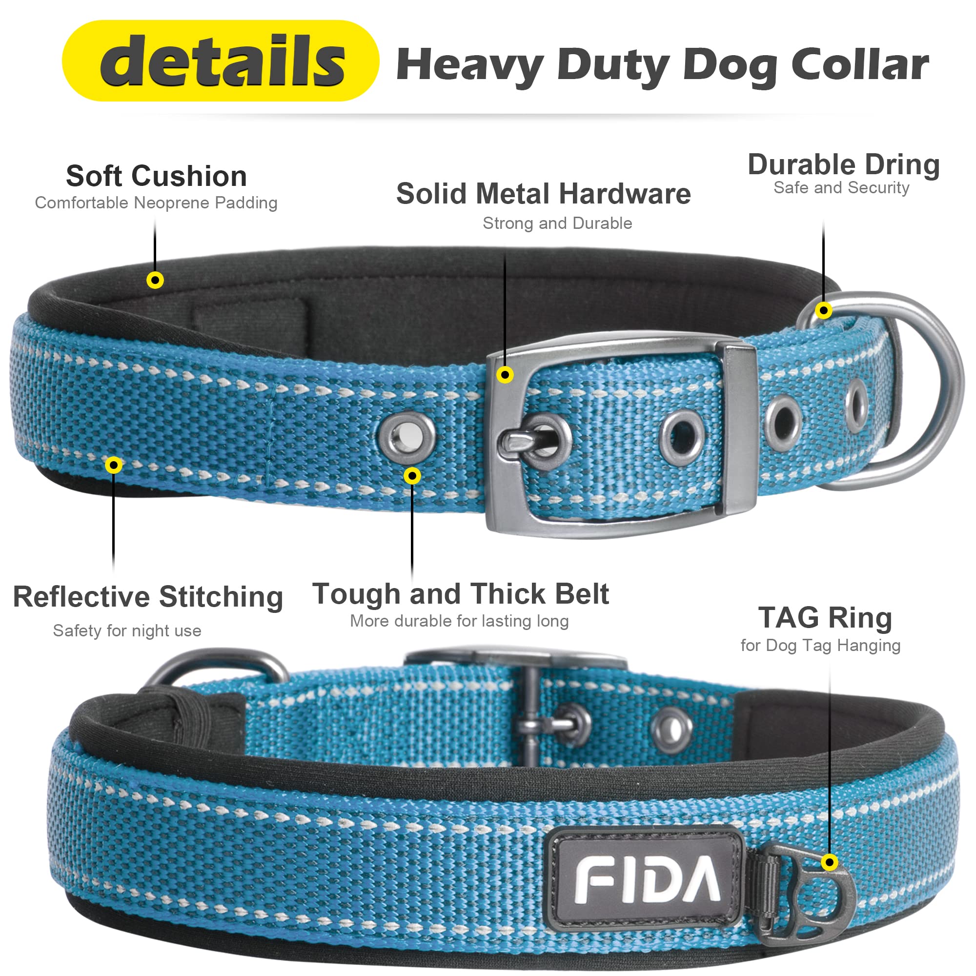 Fida Heavy Duty Dog Collar, Ultra Comfortable Soft Neoprene Padded, Adjustable Reflective Nylon Pet Collar With Durable Metal Belt Buckle For Large Breeds (L, Blue)
