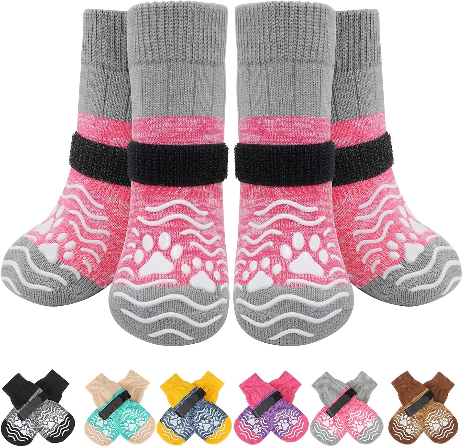 PUPTECK Anti Slip Dog Socks, Shoes with Grippers to Prevent Licking Hardwood Floors Traction, Rubber Boots & Paw Protectors for Small Medium Large Dogs Cold/Hot Pavement, Senior Dogs Booties Pink -Like New
