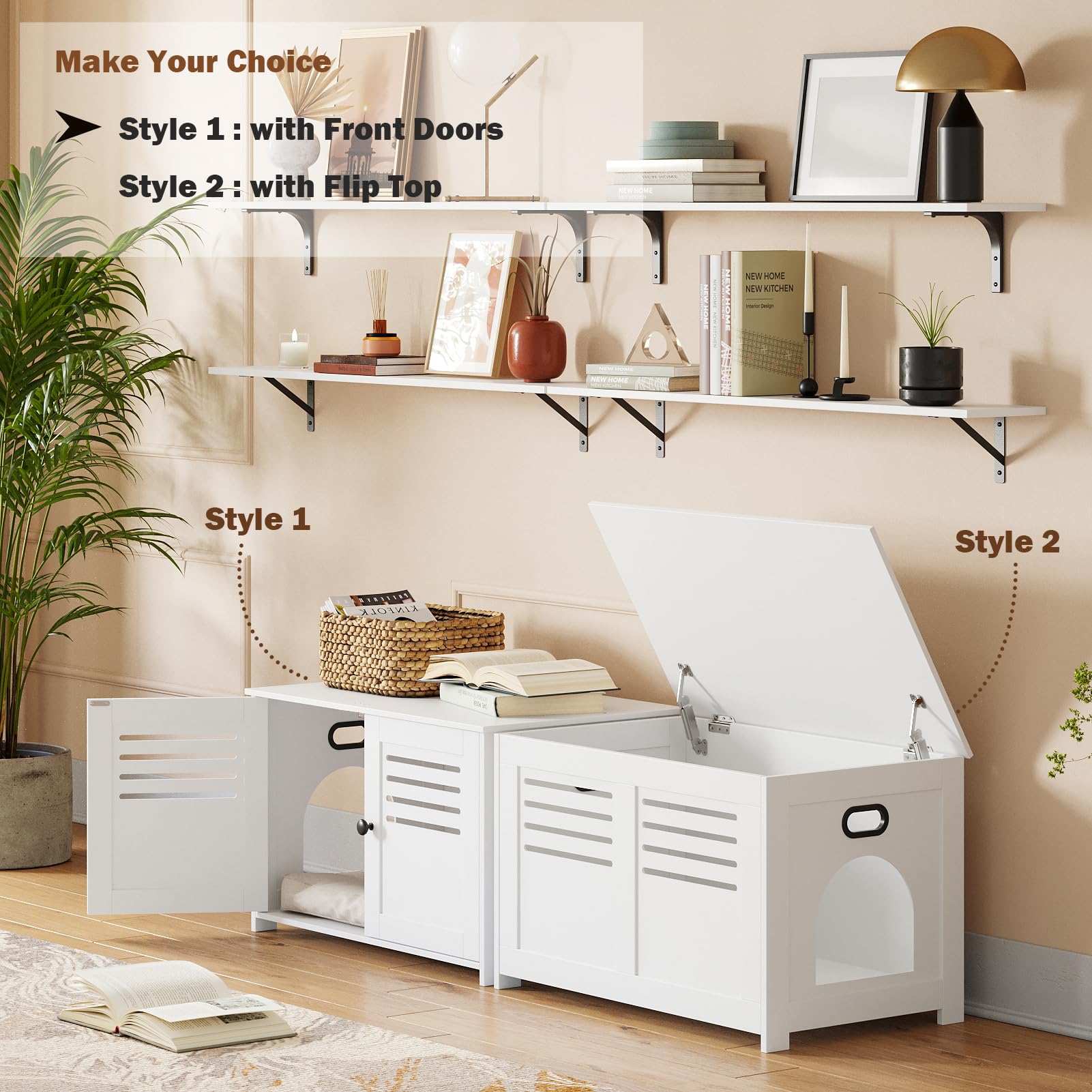 Dinzi Lvj Litter Box Enclosure, Cat Litter House With Louvered Doors, Entrance Can Be On Left Or Right, Large Hidden Cat Washroom For Most Of Litter Box, Cat Furniture Cabinet, White