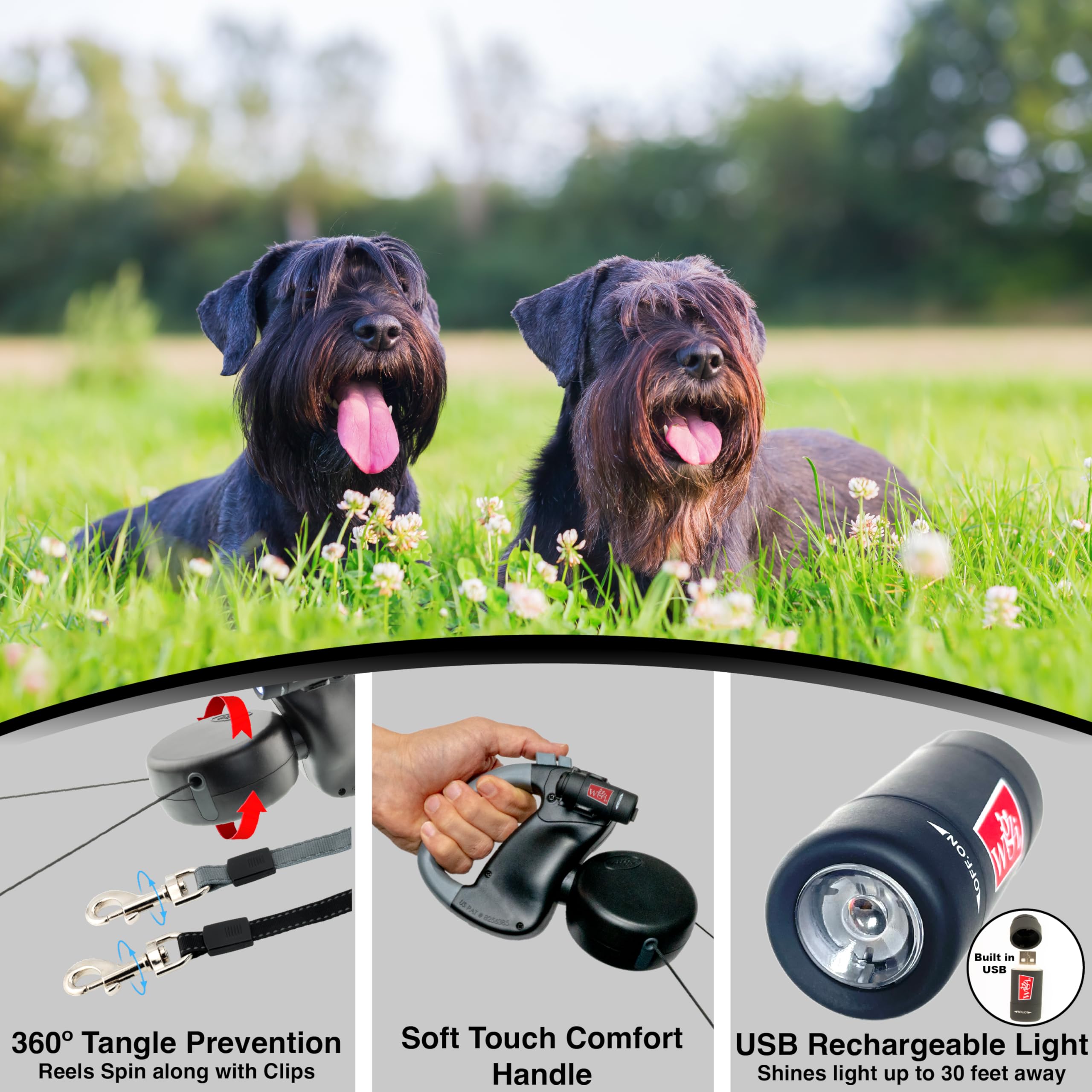 Wigzi - 2025 Edition - 2 Dog Retractable Leash With Light (L.E.D), No Tangle 360 Technology, Independent Braking Each Dog Up To 50Lbs Each Dog With 10 Ft Reflective Leads For Safety