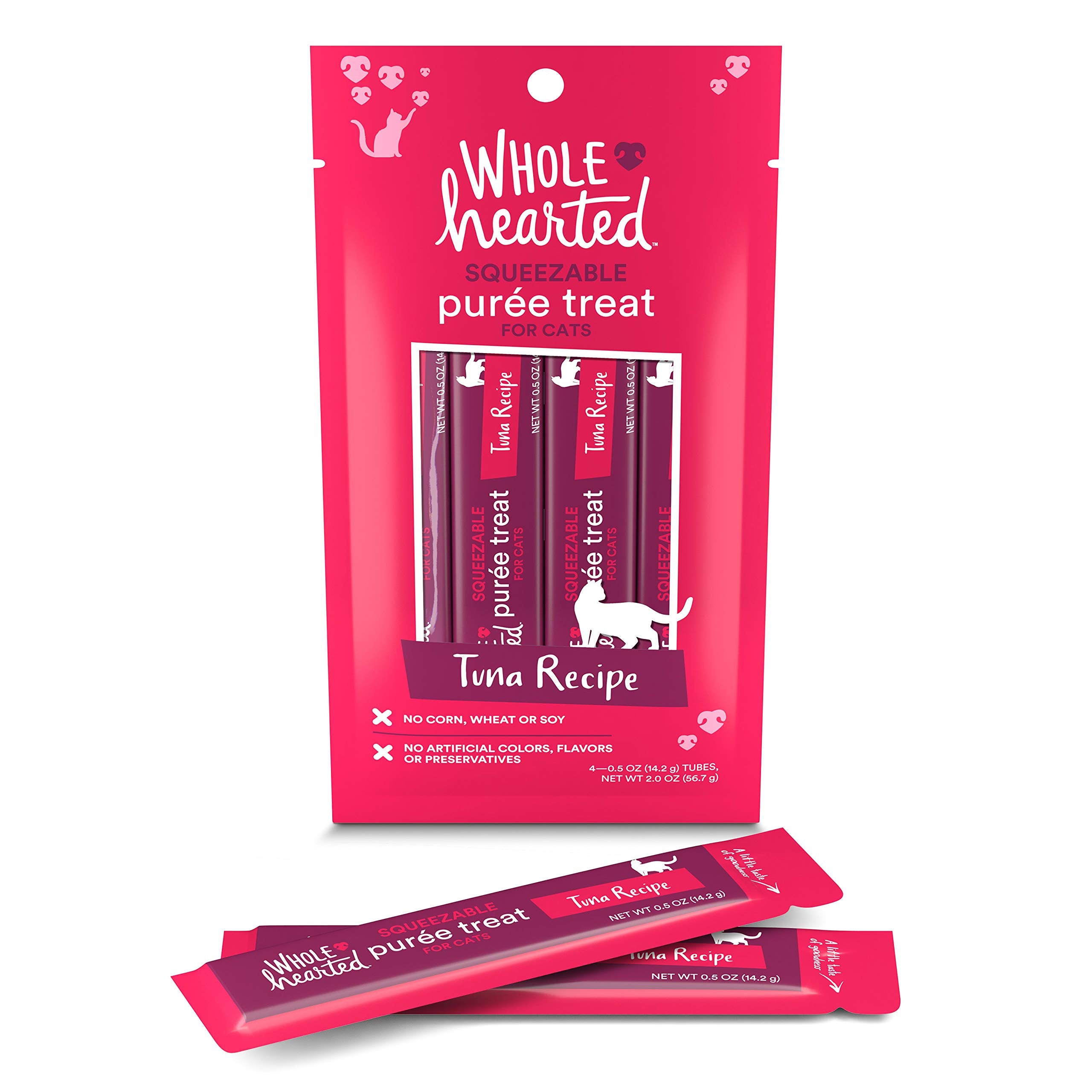 WholeHearted Cat Treats, Tuna Recipe Squeezable Pur  e, 4 Tubes, 0.5 oz Each