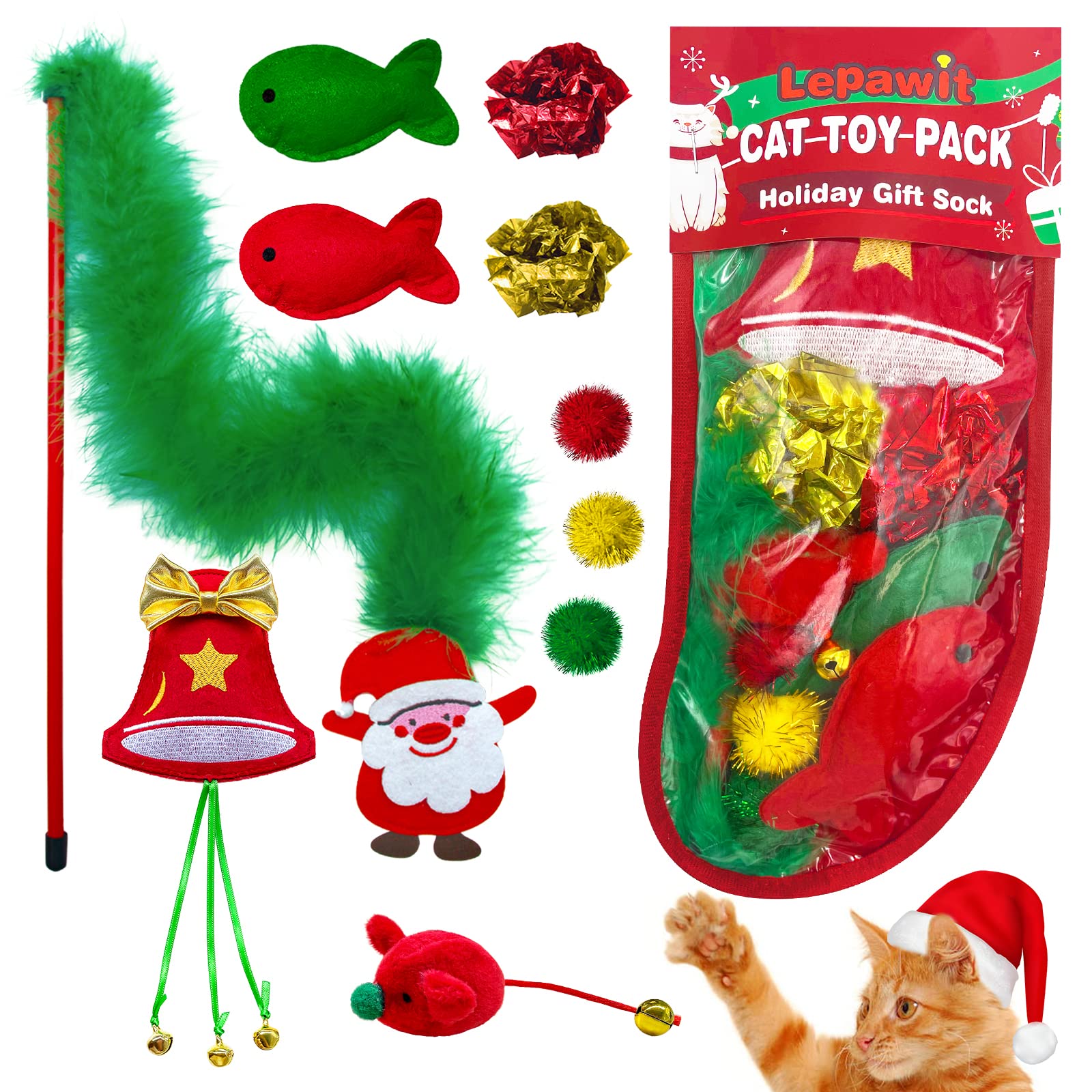 Lepawit Cat Christmas Stocking, 10 Pack Christmas Cat Toys For Indoor Cats, Includes Catnip Toys, Balls And Feather Toys, Great 