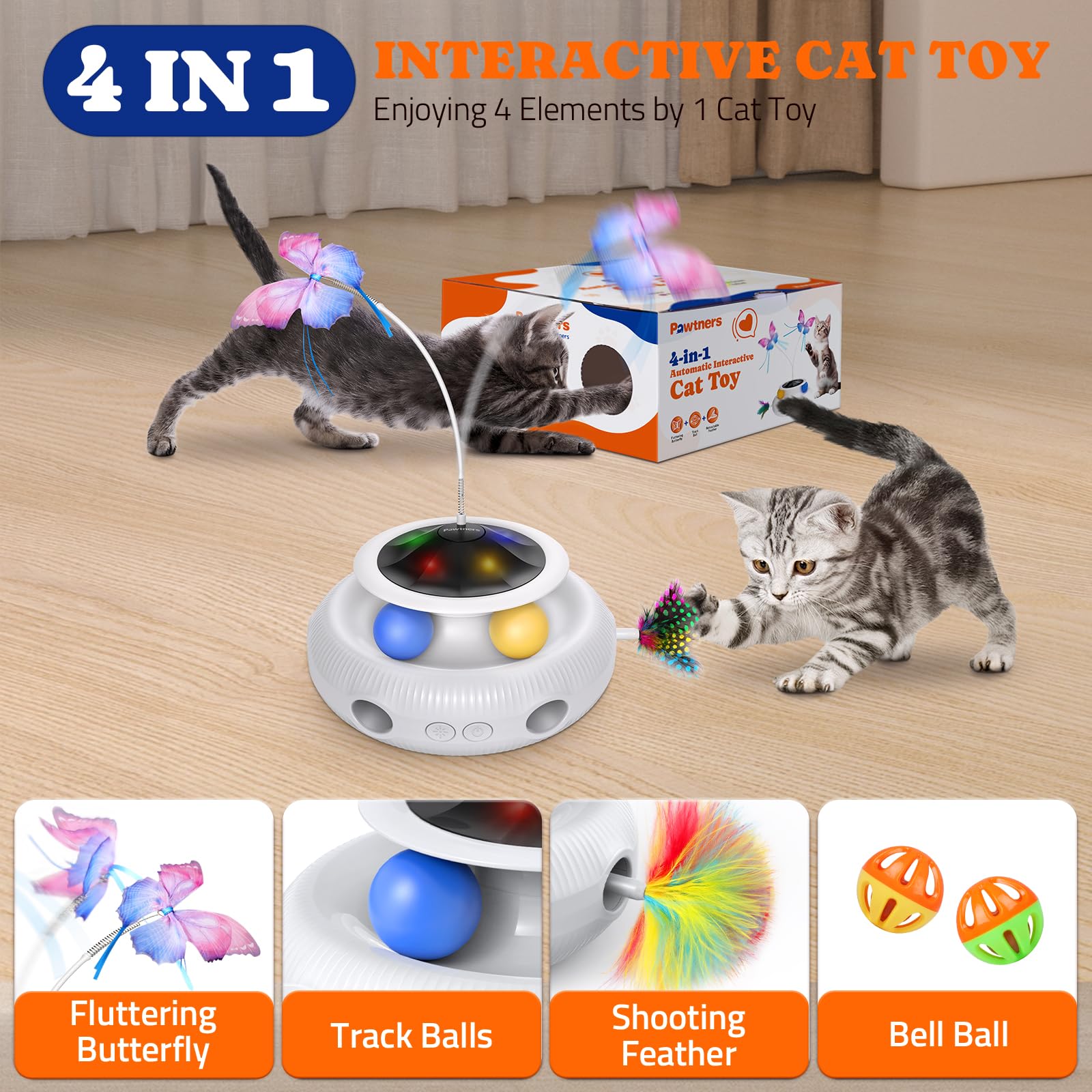 Pawtners Interactive Cat Toy: 4 In 1 Automatic Interactive Kitten Toys For Indoor Cats Rechargeable With Fluttering Butterfly, T