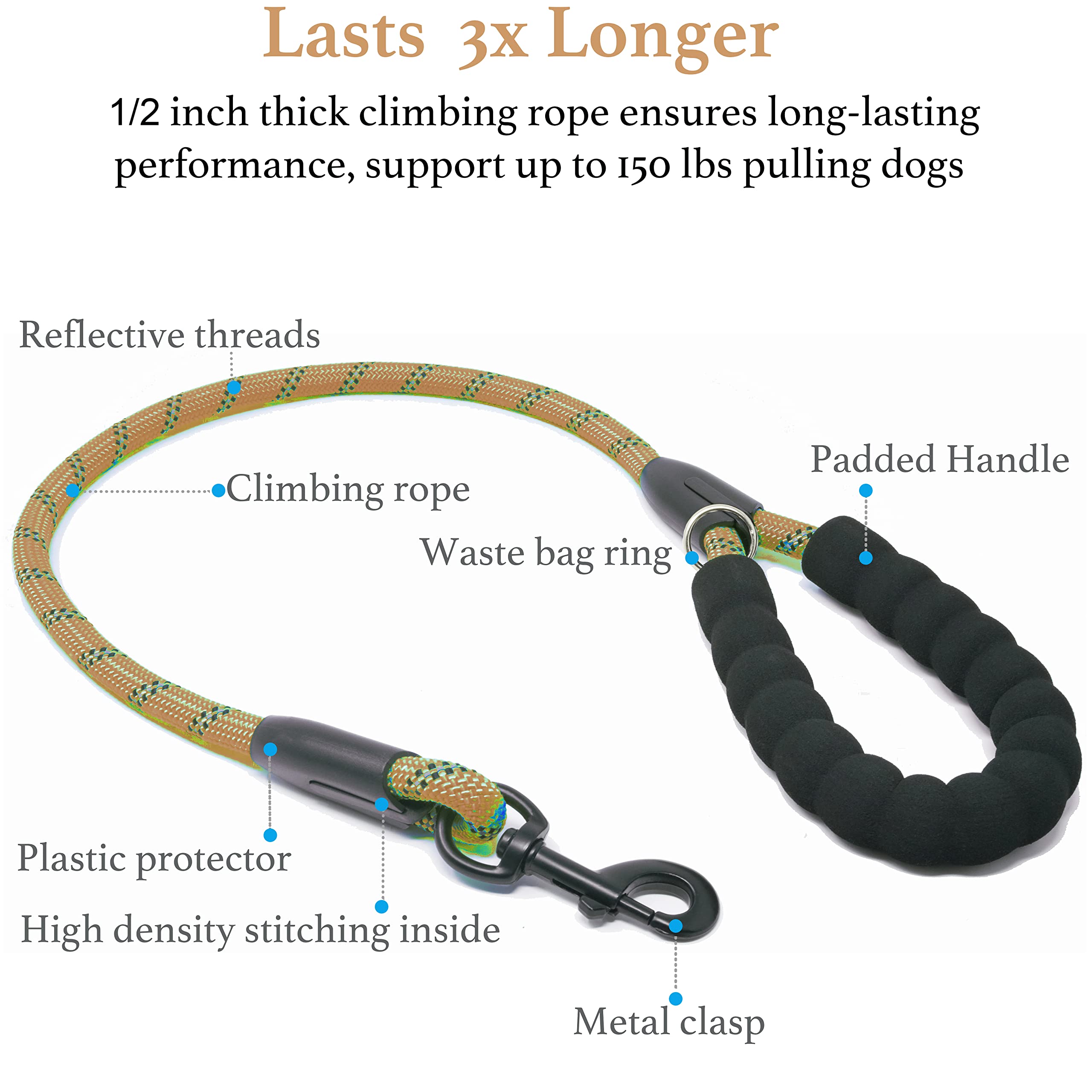 Iyoshop Dual Dog Leash, Double Dog Leash, 360 Swivel No Tangle Walking Leash, Shock Absorbing Bungee For Two Dogs, Khaki, Large (25-150 Lbs)