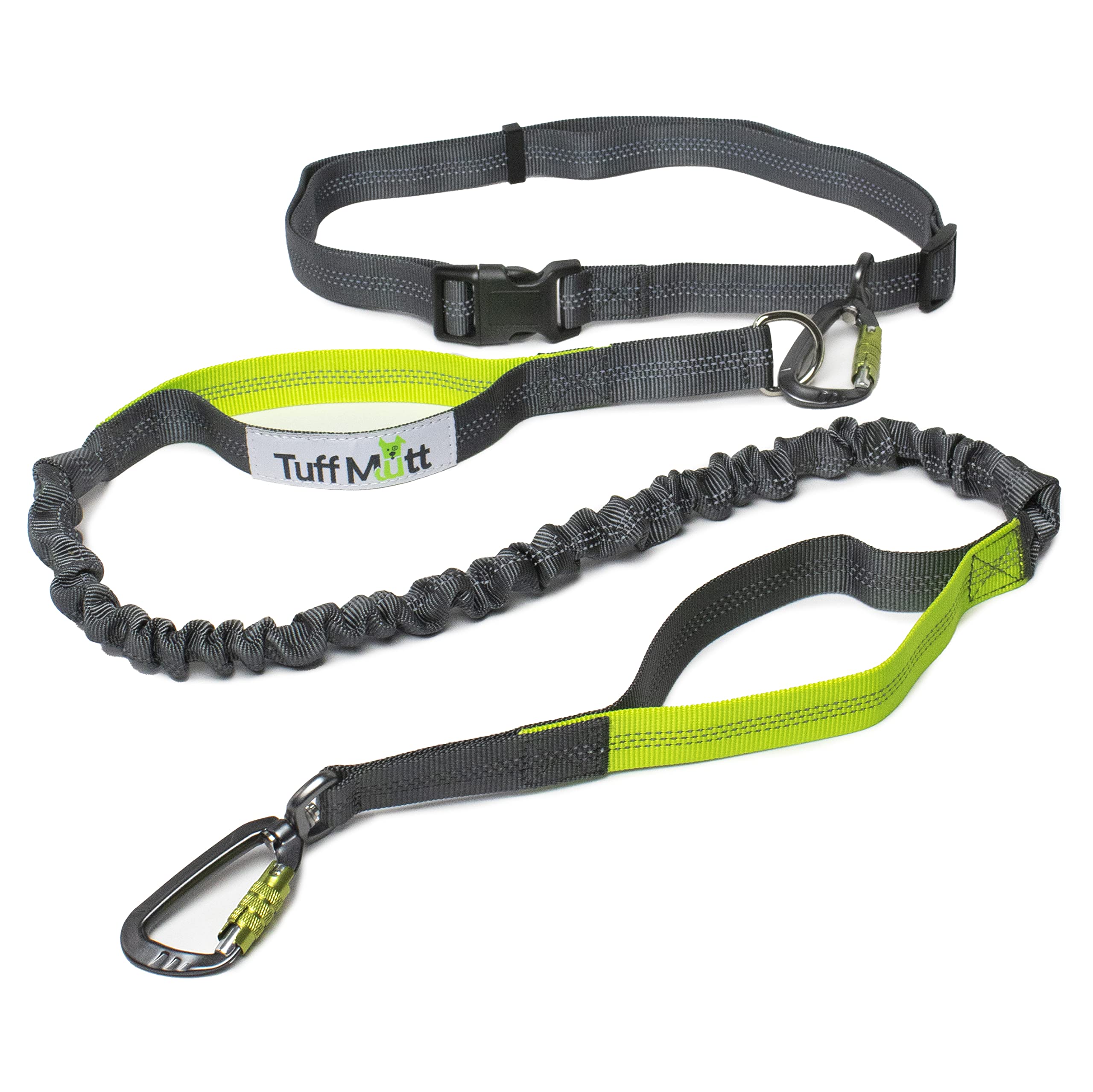 Tuff Mutt Hands-Free Waist Leash For Dog Walking, Running And Hiking, Carabiner Clip, Adjustable Belt With Double Handle, Reflec