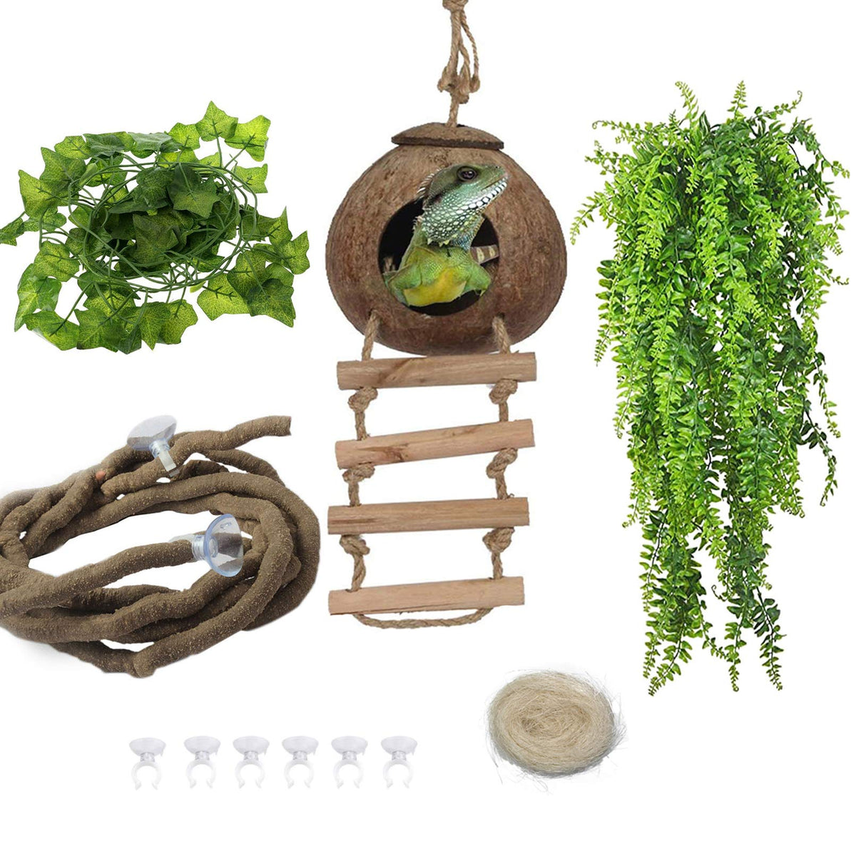 Kathson 5 Pcs Lizard Coco Den With Ladder, Bearded Dragon Tank Accessories Gecko Coconut Husk Hut With Jungle Climber Vines With Suction Cups Habitat Décor
