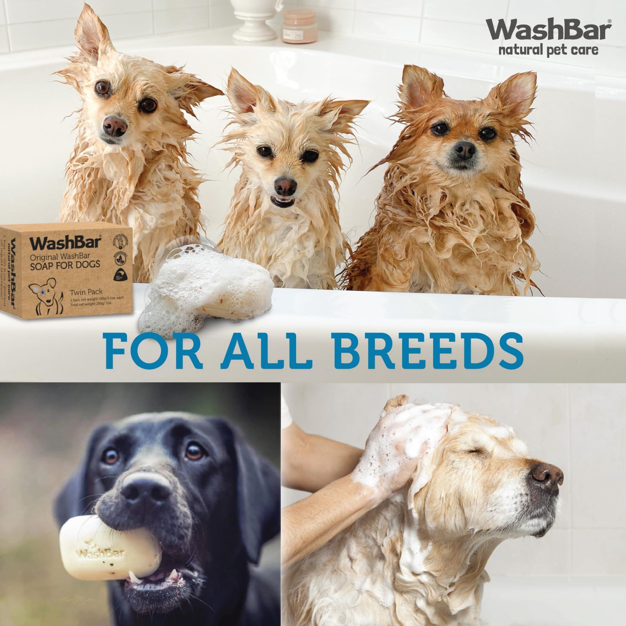 Washbar Natural Dog Soap Bar - Natural Dog Shampoo Bar And Dog Shampoo For Smelly Dogs With Sensitive Skin, Easier To Use Than Liquid Pet Shampoo With No Plastic Bottle Waste, 2-Pack