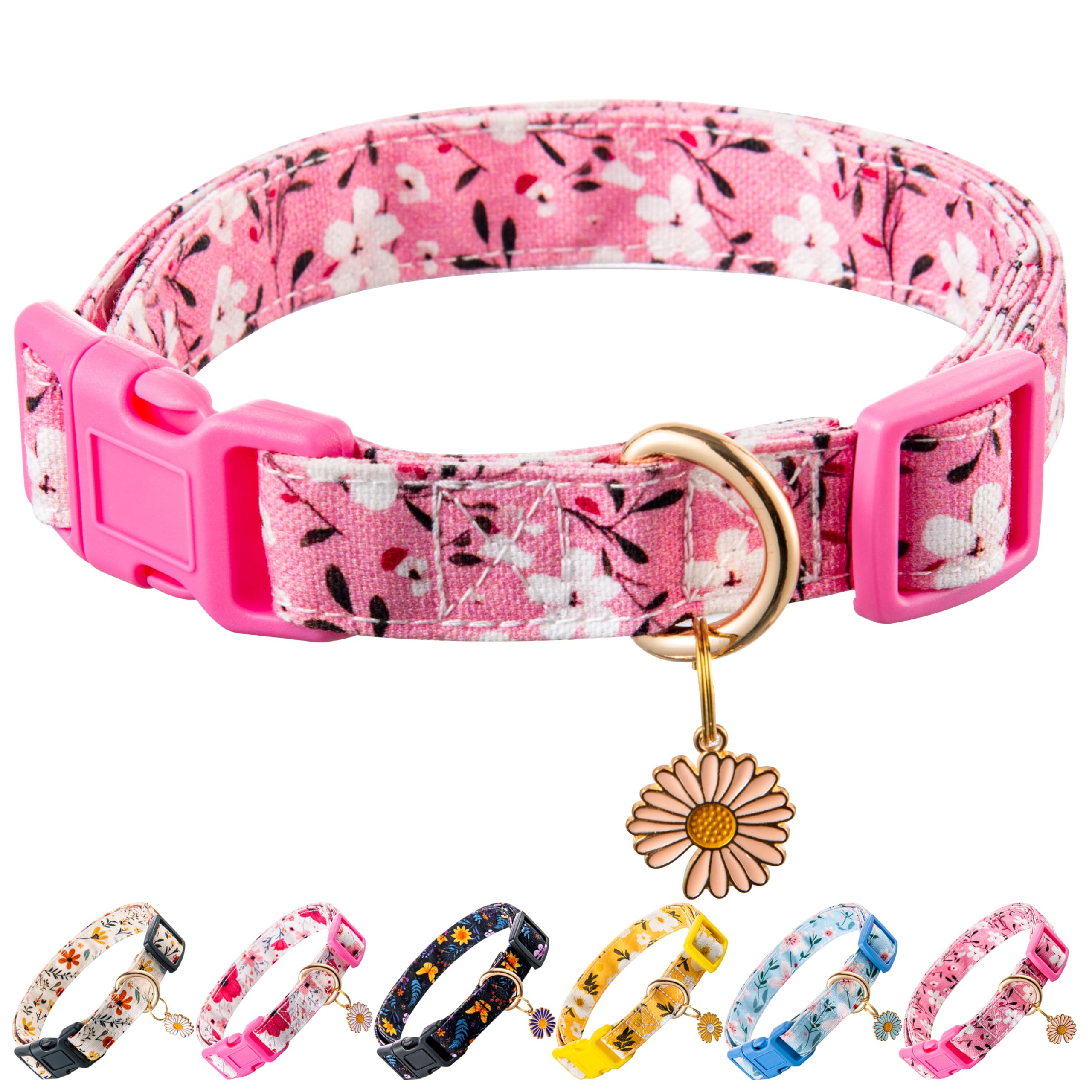 Raisingwell Cotton Dogs Collar Pink Flower Patterns For Boys And Girls Cute Dog Collars Summer Fall Gift Adjustable For Small To