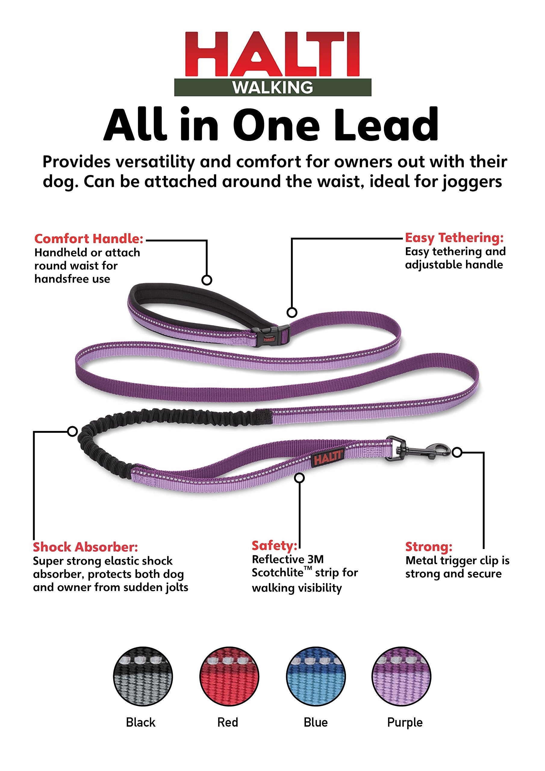 Halti Active Leash - Award-Winning Bungee Dog Leash, Shock-Absorbing, All-In-One Neoprene Padded Belt & Lead, Perfect For Running & Training With Medium & Large Dogs (Size Large, Purple)