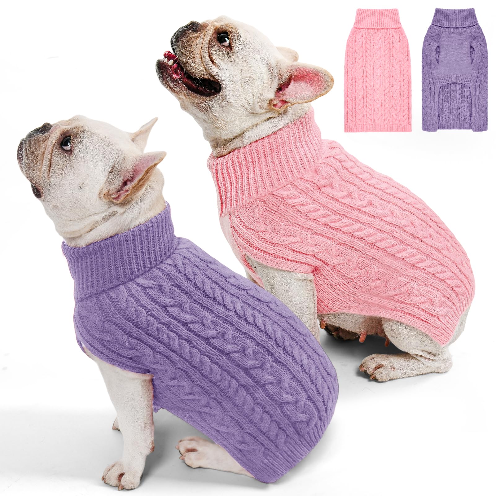 KCFESTIHUE 2 Pack Dog Sweaters for Medium Dogs Turtleneck Pullover Cable Knit Stretch Clothes French Bulldog Dachshund Boston Te