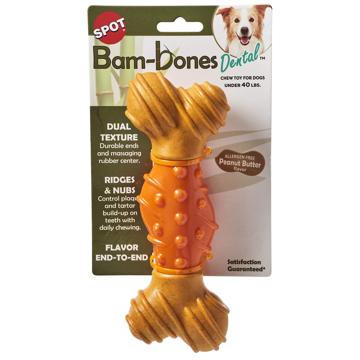 Spot Bam-Bones Dental Bone - Made With Bamboo Fiber And A Massaging Rubber Center, Durable Oral Care Dog Chew For Light Chewers & Teething Puppies Under 40Lbs, 7In, Allergen Free Peanut Butter Flavor