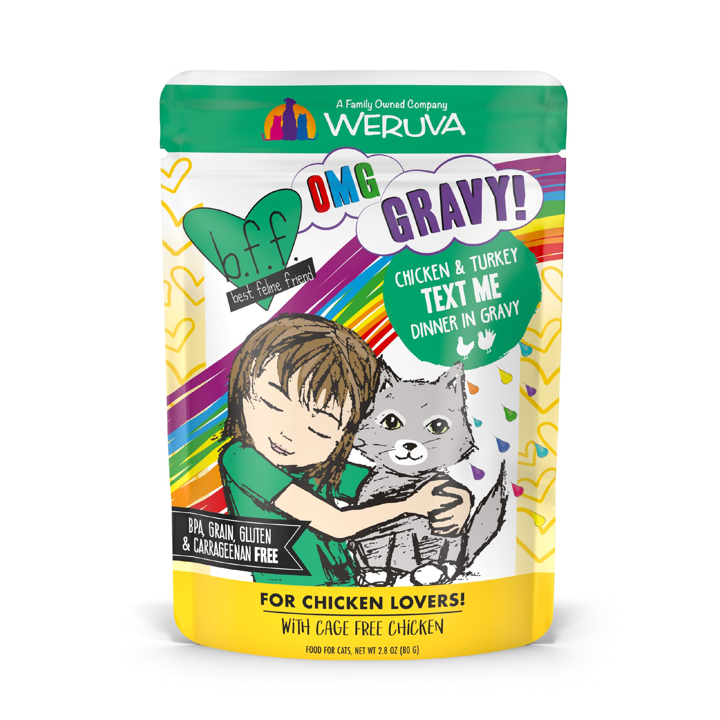 Weruva B.F.F. OMG - Best Feline Friend Oh My Gravy!, Chicken & Turkey Text Me with Chicken & Turkey in Gravy, 2.8oz Pouch (Pack