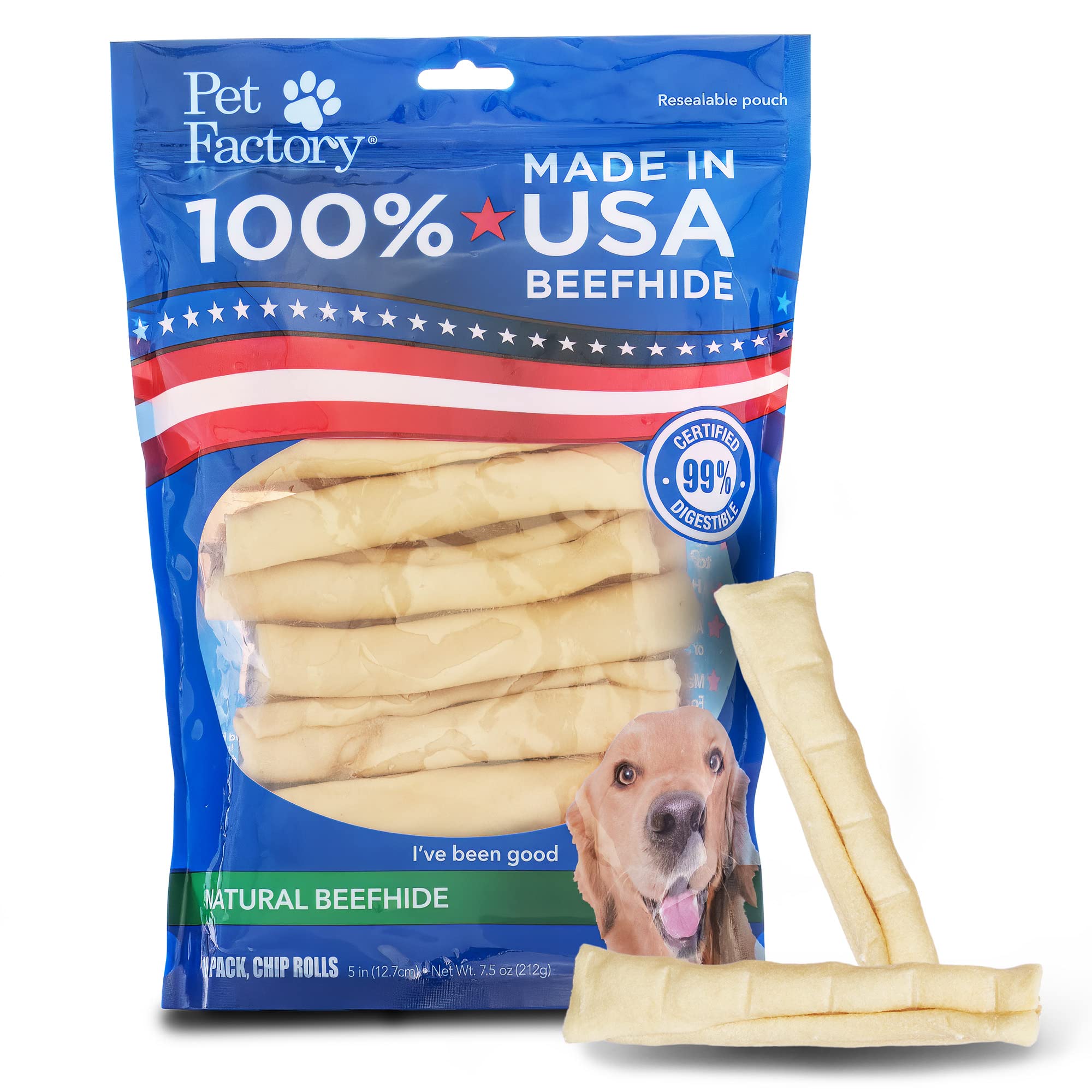 Pet Factory 100% Made in USA Beefhide 5 Chip Rolls Dog Chew Treats - Natural Flavor, 18 Count/1 Pack