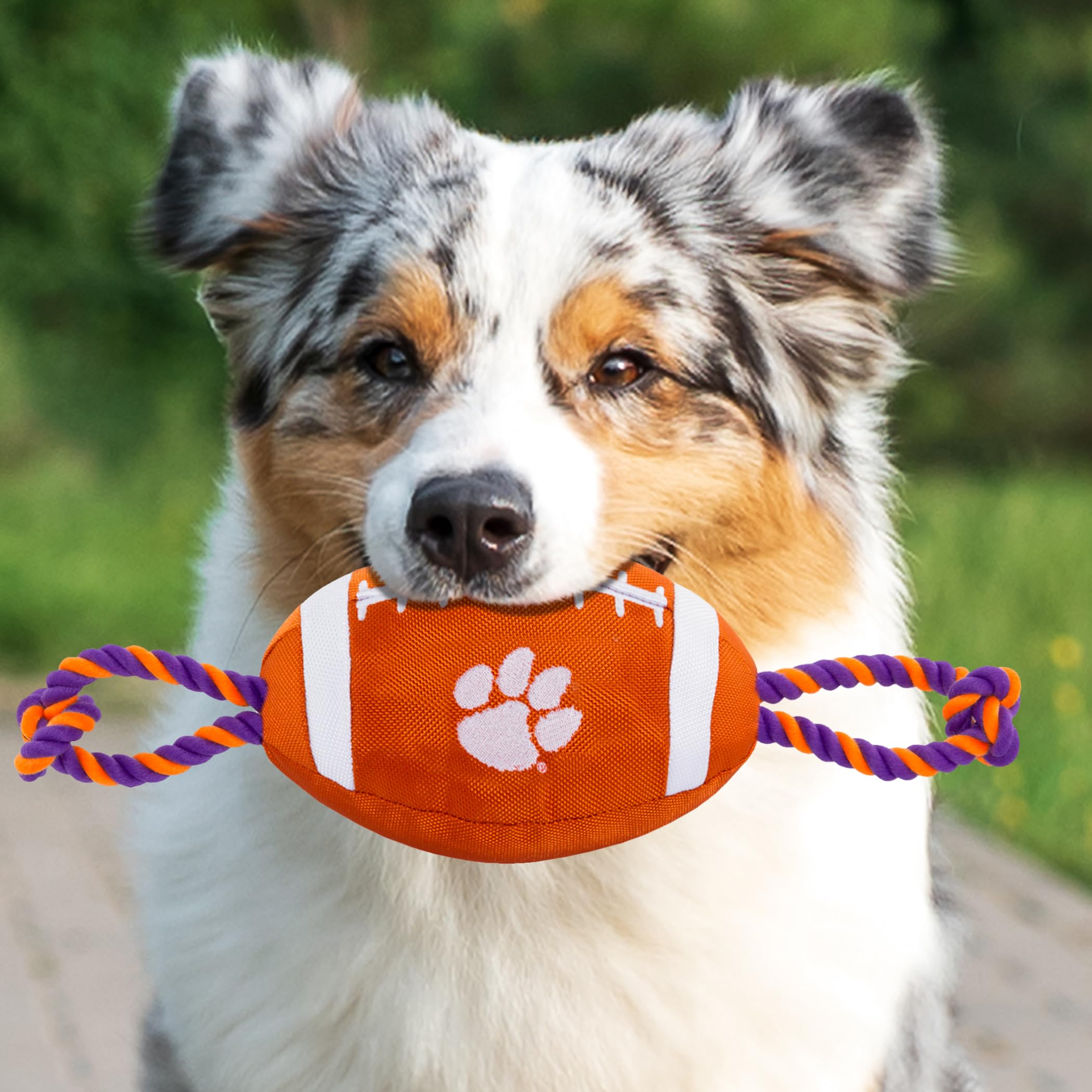 Pets First NCAA Clemson Tigers Football Dog Toy, Tough Quality Nylon Materials, Strong Pull Ropes, Inner Squeaker, Collegiate Te