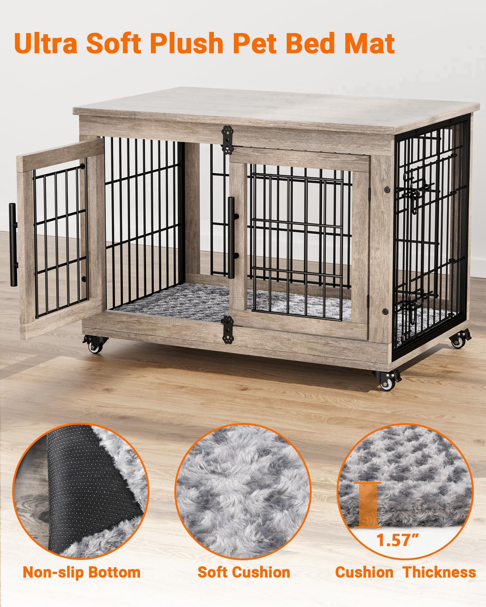 Dog Crate Furniture with Cushion Set of 2, Wooden Dog Kennel Indoor with Wheels & Double Doors, Dog Cage Side End Table for Medi