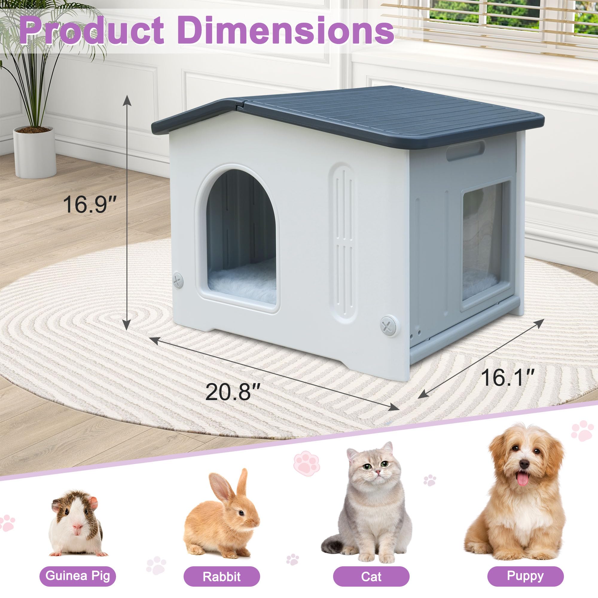 Rockever Plastic Outdoor Cat House with Escape Door, Waterproof Cat Shelters for Feral Cats Indoor Cat House with Mat, Sturdy Ca