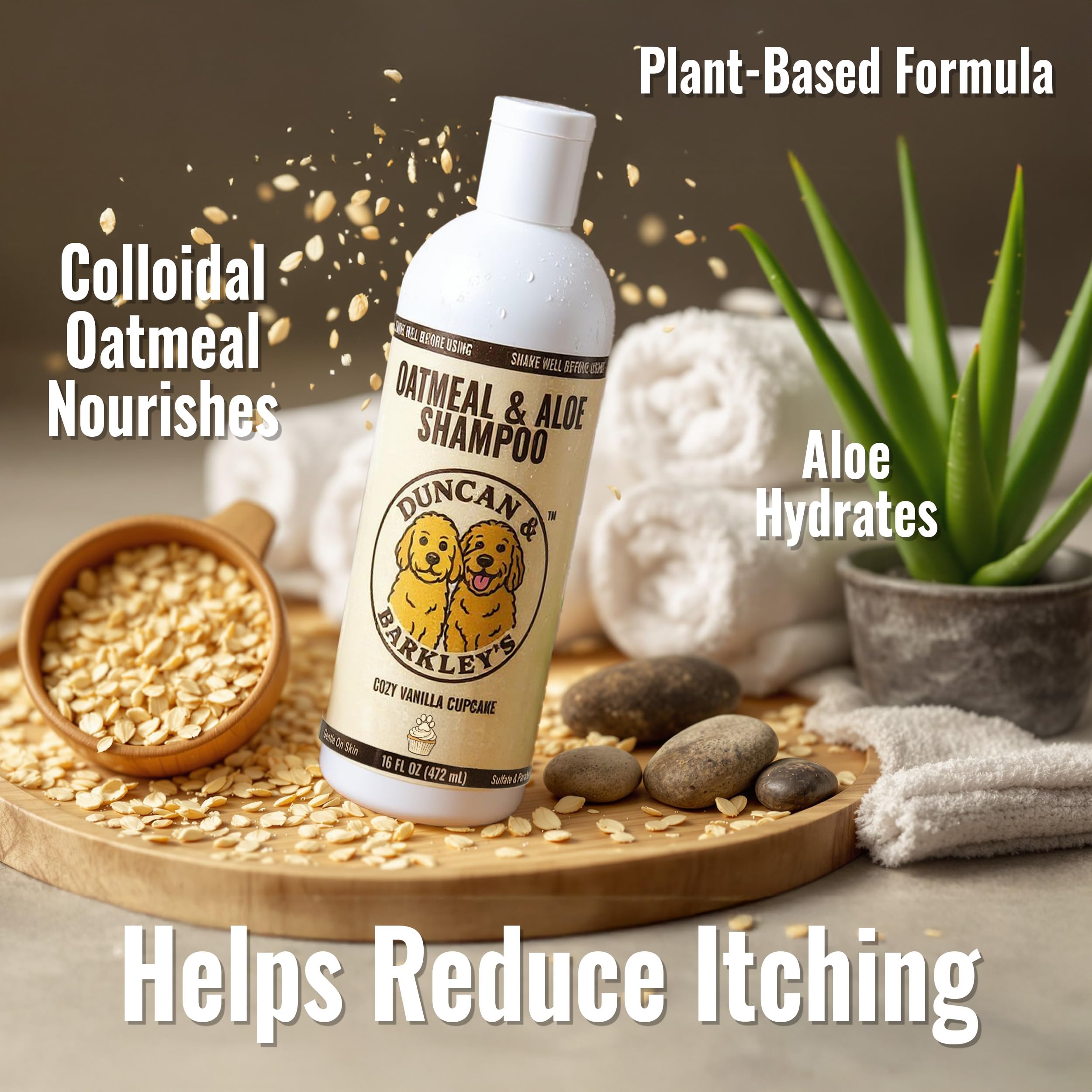 Duncan & Barkleys Oatmeal & Aloe Dog Shampoo - Gentle Pet Wash for Sensitive, Itchy Skin - Tear-Free Formula - Cozy Vanilla Cupc