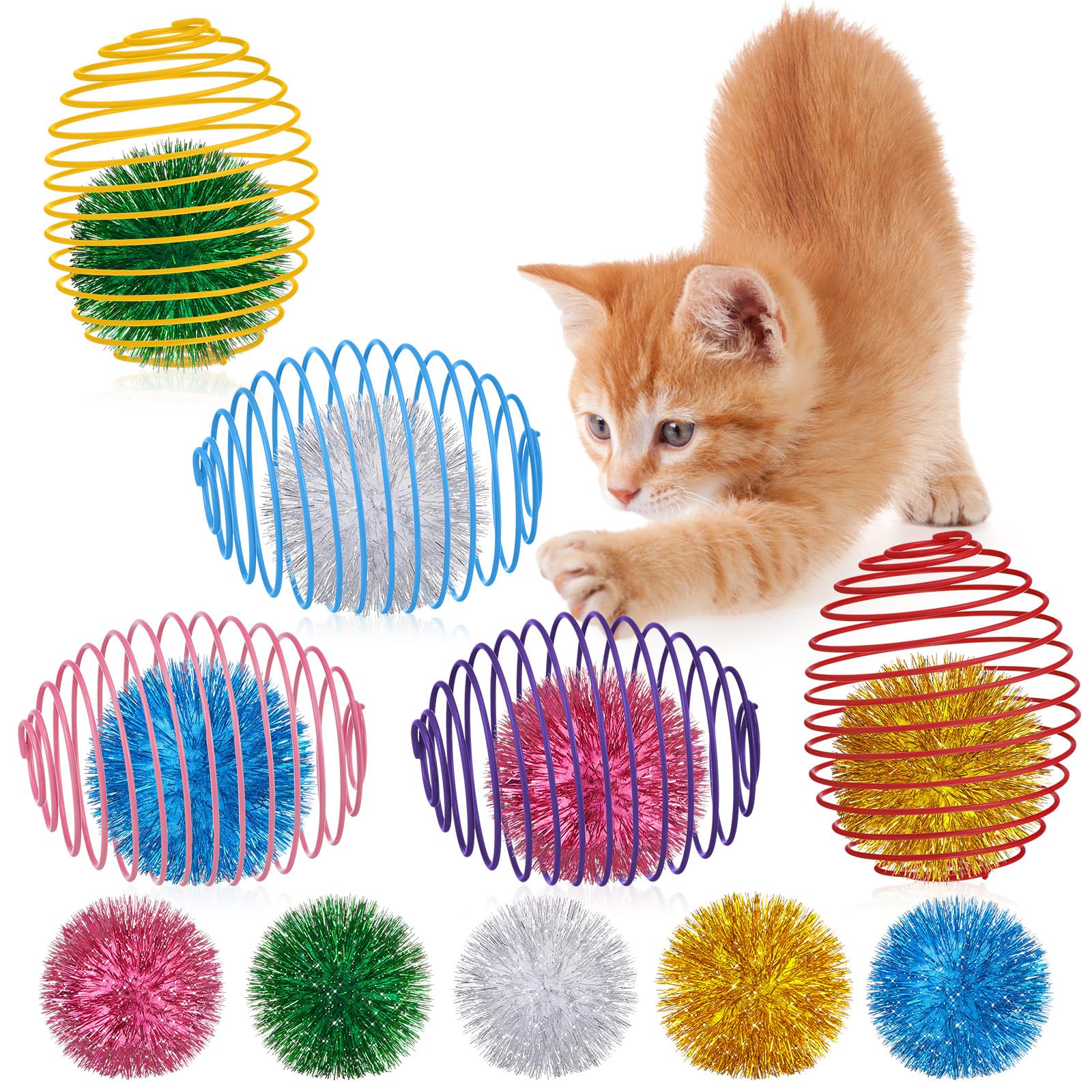 Jecery 5 Pcs Cat Spring Toys Stretchable Rolling Balls Colorful Playful Coils Interactive Action Toy Caged Rats for Kitten Pet S