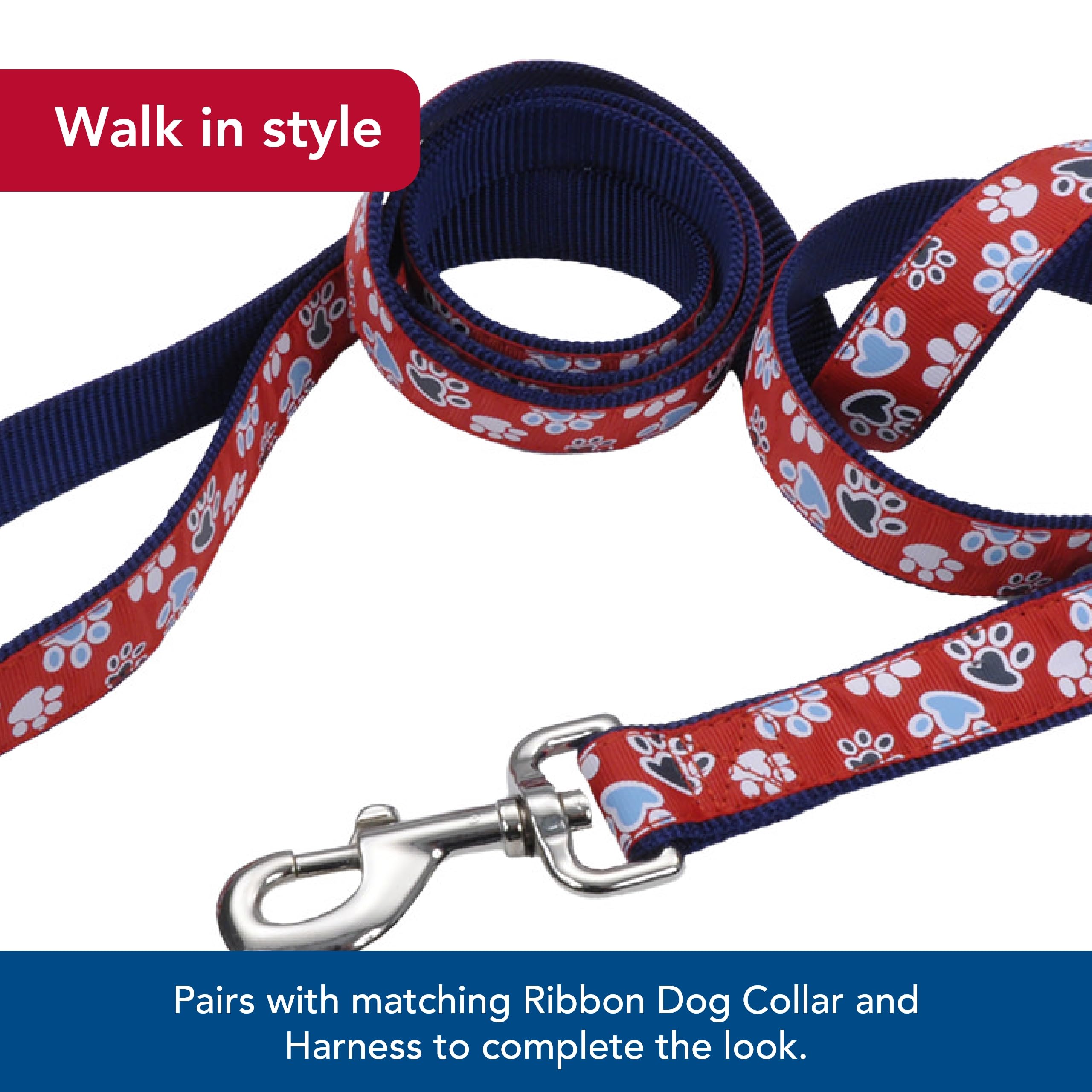 Coastal Pet Ribbon Dog Leash - Contemporary Stylish Look - Durable Fade-Resistant Nylon Material - Perfect For Dogs Red With Paws, 1' X 06'