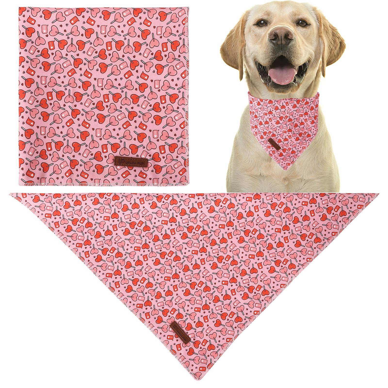Up Urara Pup Valentine Dog Bandana - Pink Heart Triangle Bid Scarf For Small/Medium Dogs, Cats; Cotton Kerchief For Girl/Boy Pet